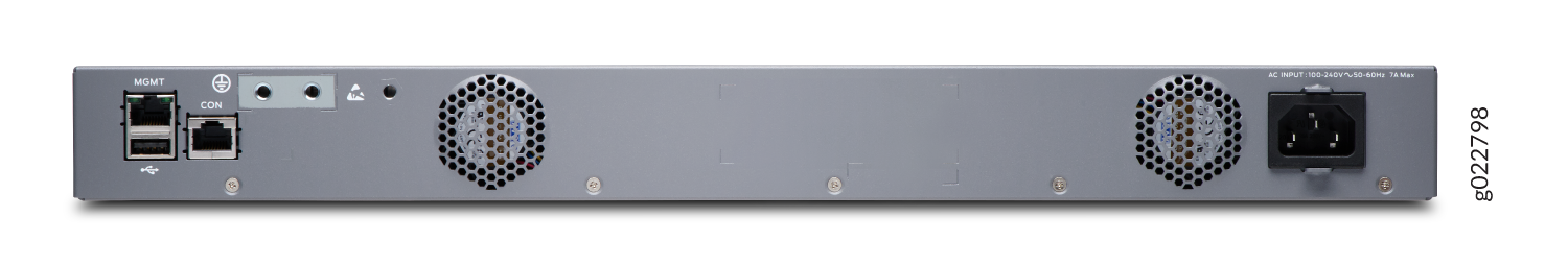 Rear view of a network device with Ethernet ports labeled MGMT and CON, a USB port, cooling fans, and a power input socket.
