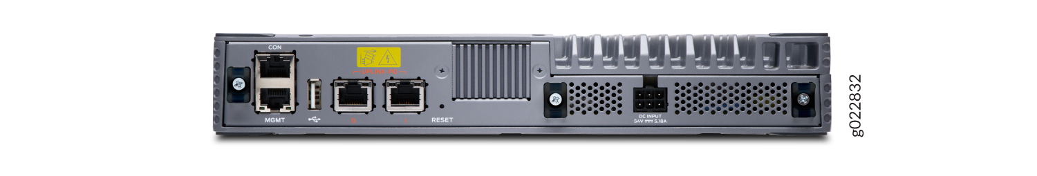 Rear view of a network device showing console, management, USB, uplink ports, reset button, DC input 54V, and ventilation grills.