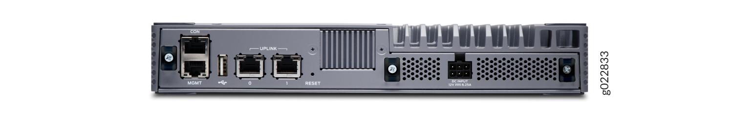 Rear panel of a network device showing console port, management port, USB port, uplink ports 0 and 1, reset button, power input, and ventilation grills.