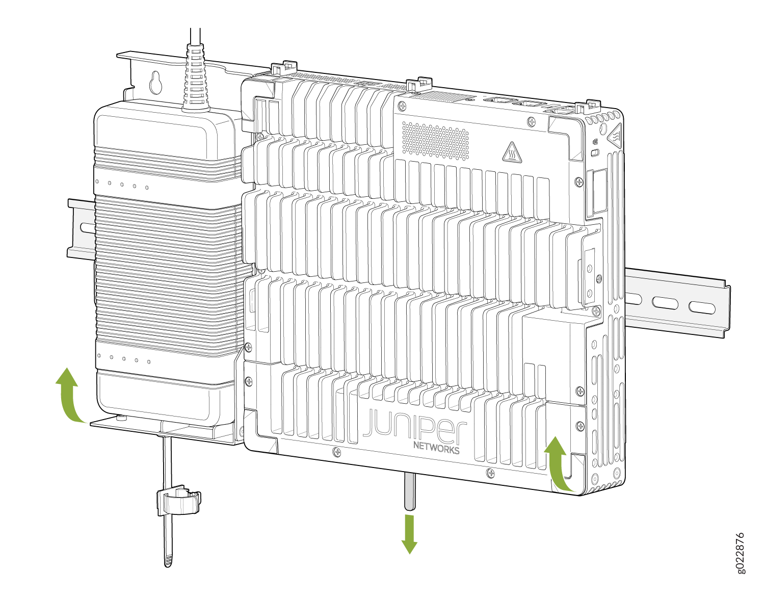 Juniper Networks device mounted on rail with heat sink design and green arrows indicating installation steps.