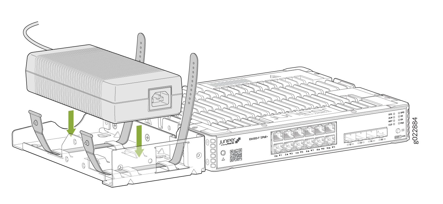 Diagram of Juniper EX4100-F-12P0E network switch with power adapter installation using brackets and zip ties; Ethernet ports and status lights visible.