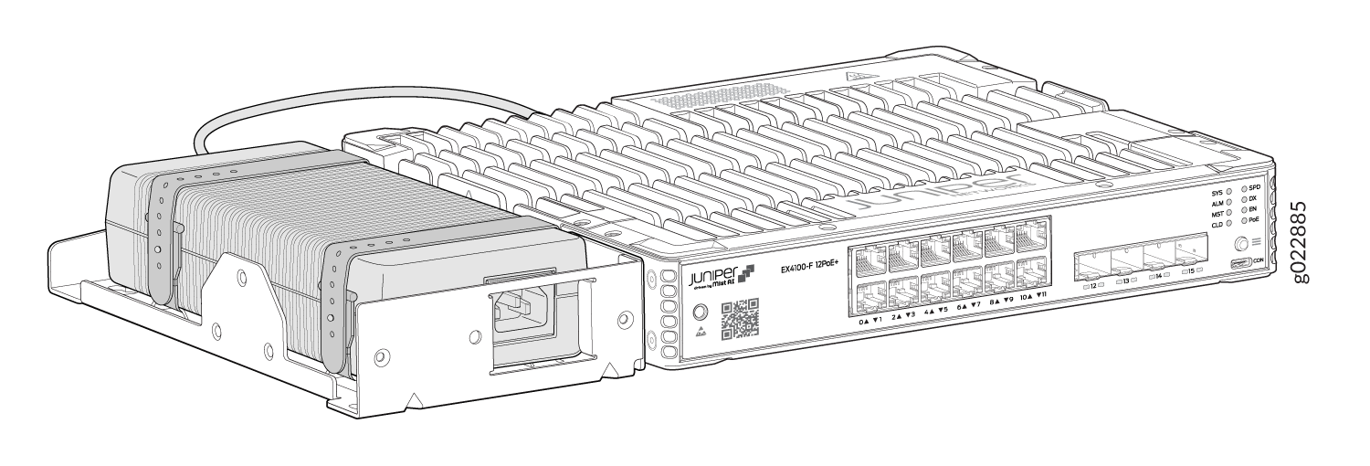 Juniper Networks EX4100-F-12P Ethernet switch with multiple ports for LAN connections, designed for enterprise environments.