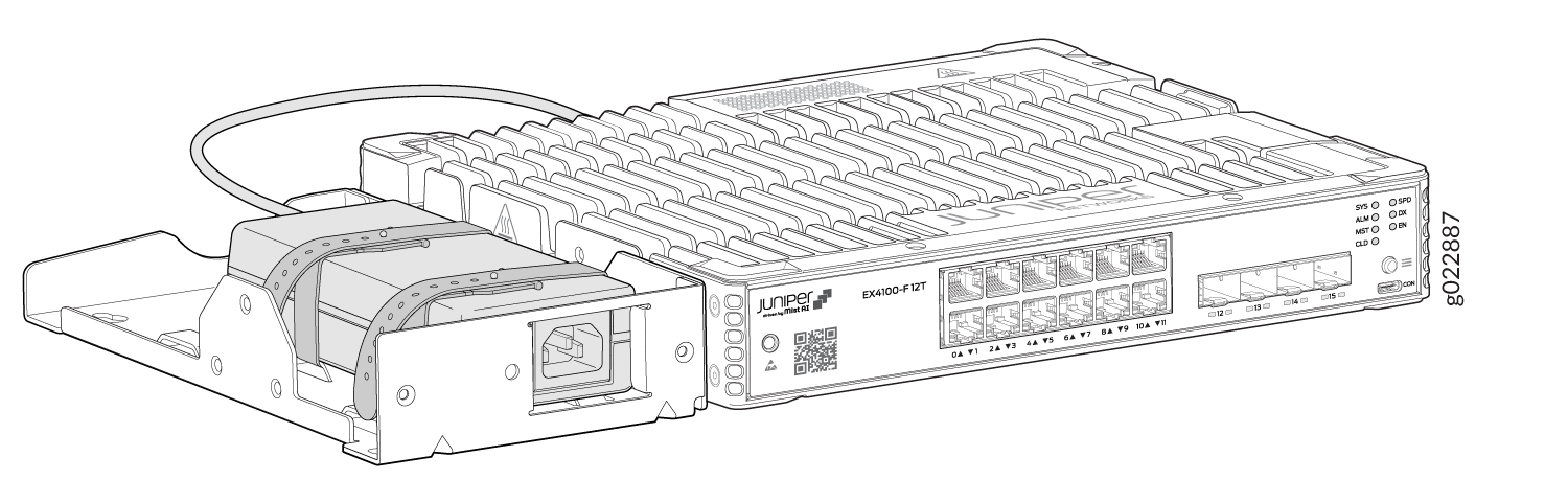 Juniper Networks EX4100-F-12T switch with Ethernet ports and fan module for enterprise network connectivity.