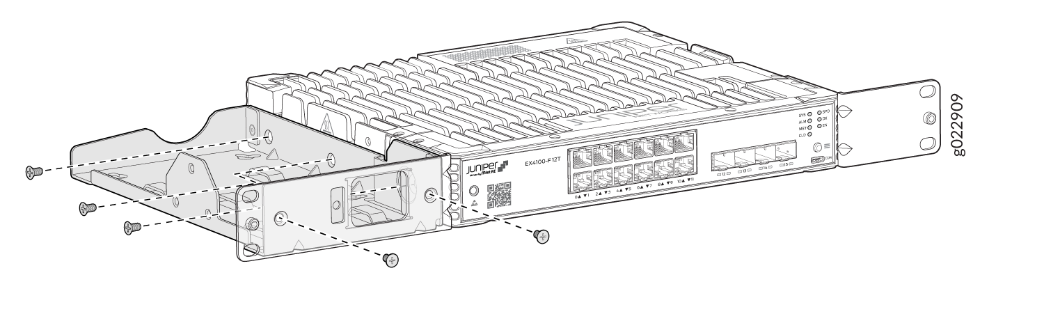 Installation diagram for a Juniper Networks EX4100-F-12T switch rack mount kit showing bracket placement and screw attachment.