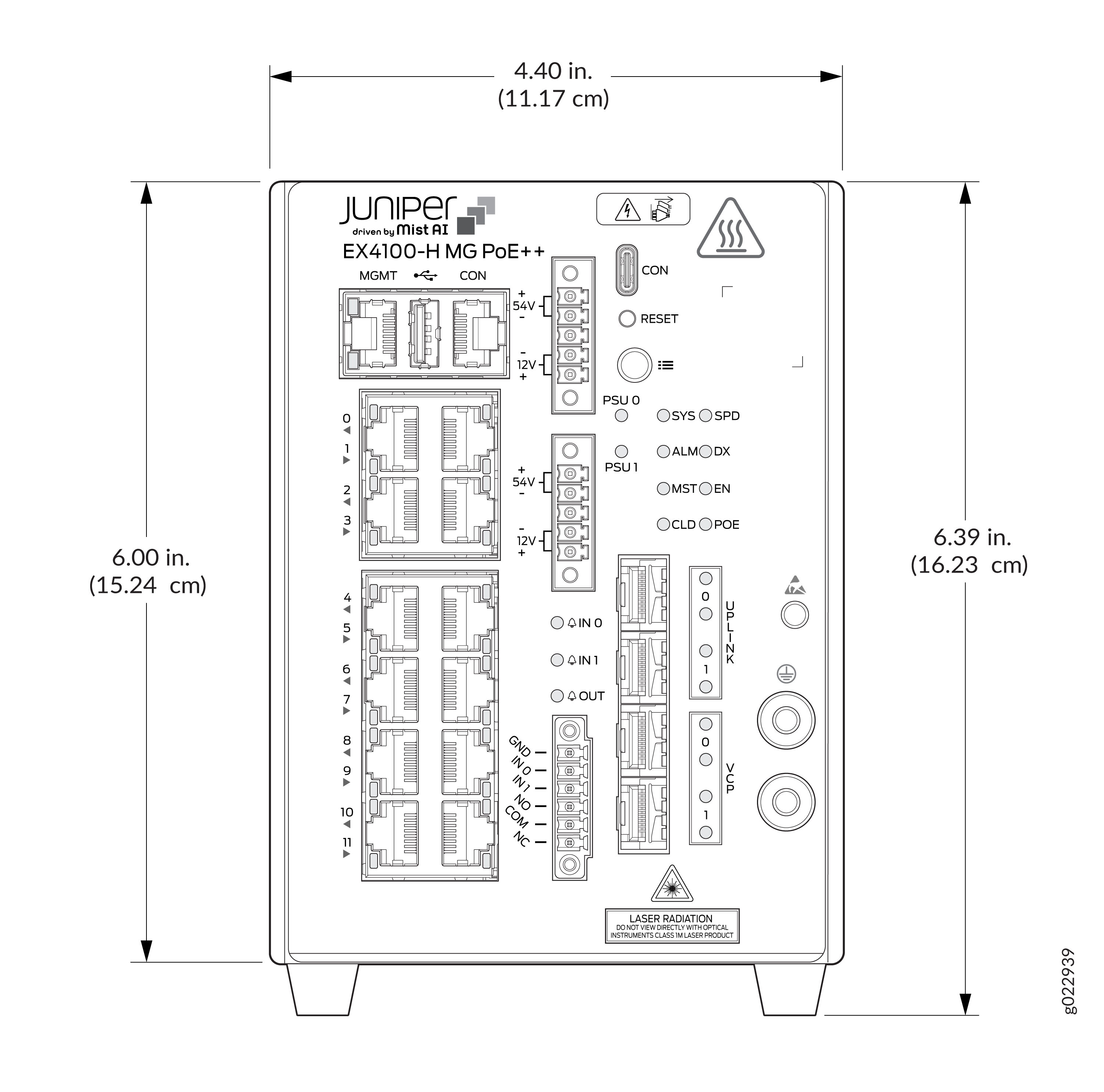 Rear panel of Juniper Networks EX4100-H MG PoE++ switch with management ports, RJ-45 PoE++ Ethernet ports, power connectors, status LEDs, I/O connectors, uplink ports, and laser warning.