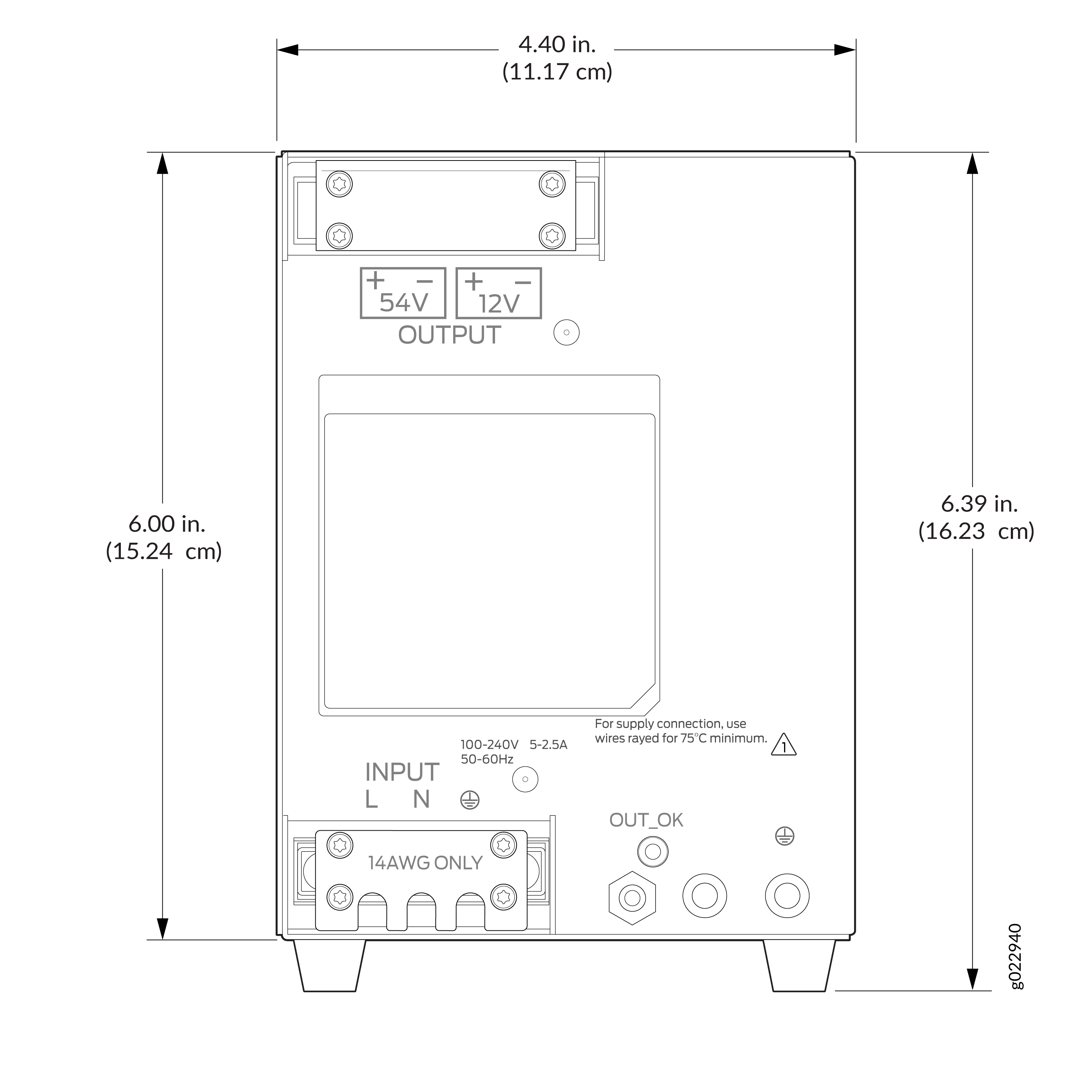 Technical drawing of power supply unit showing dimensions: width 4.40 inches, height 6.00 and 6.39 inches. Two outputs: 54V and 12V terminals. Inputs: Line and Neutral for 100-240V AC. Requires 14 AWG wires. Includes OUT_OK indicator and 75°C wire warning.
