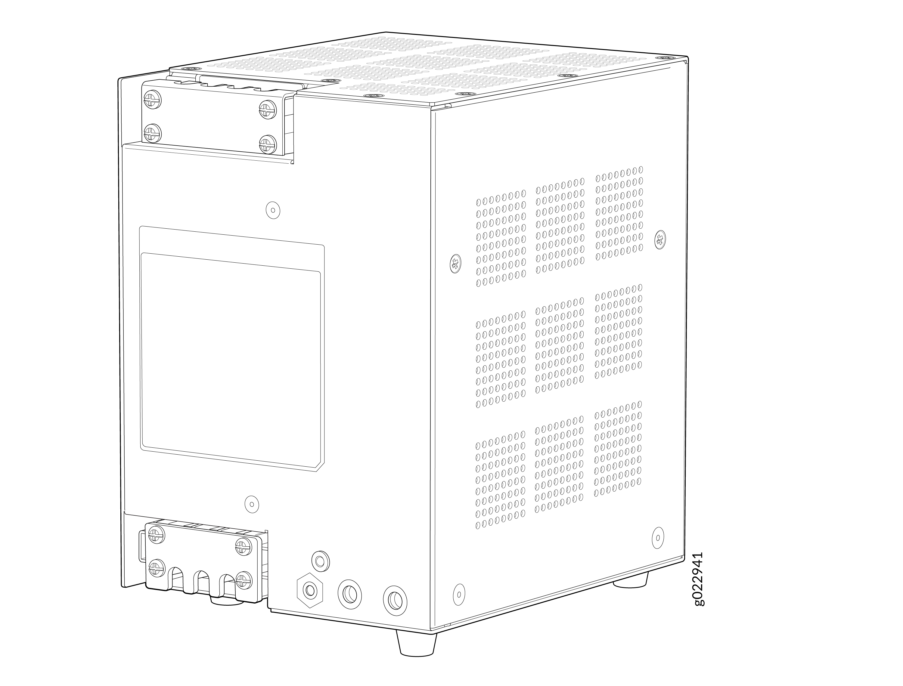 Line drawing of a 24V DC power supply unit with casing, mounting brackets, and ventilation holes.