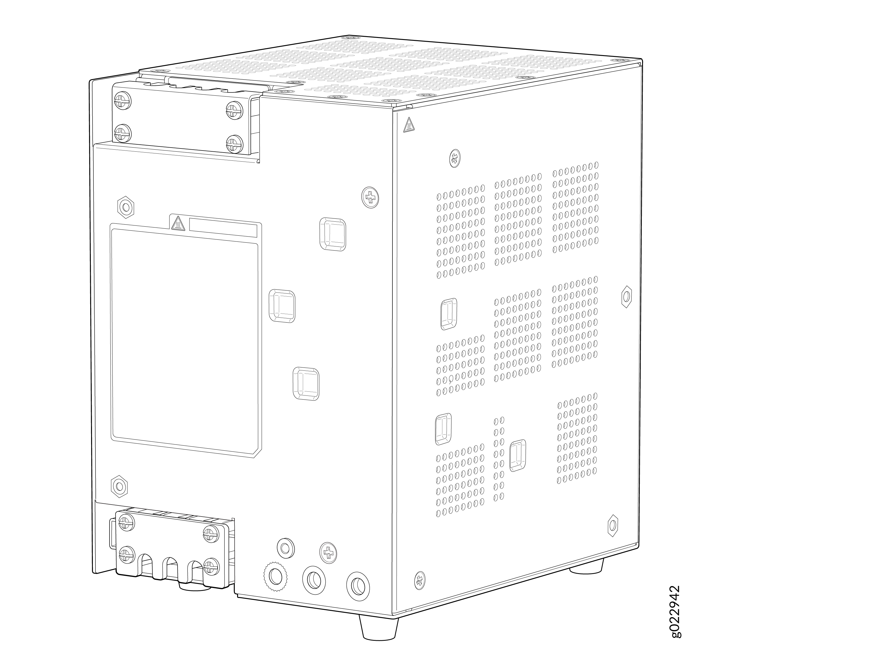 Technical line drawing of a power supply unit with ventilation holes, mounting points, and connection terminals for industrial use.