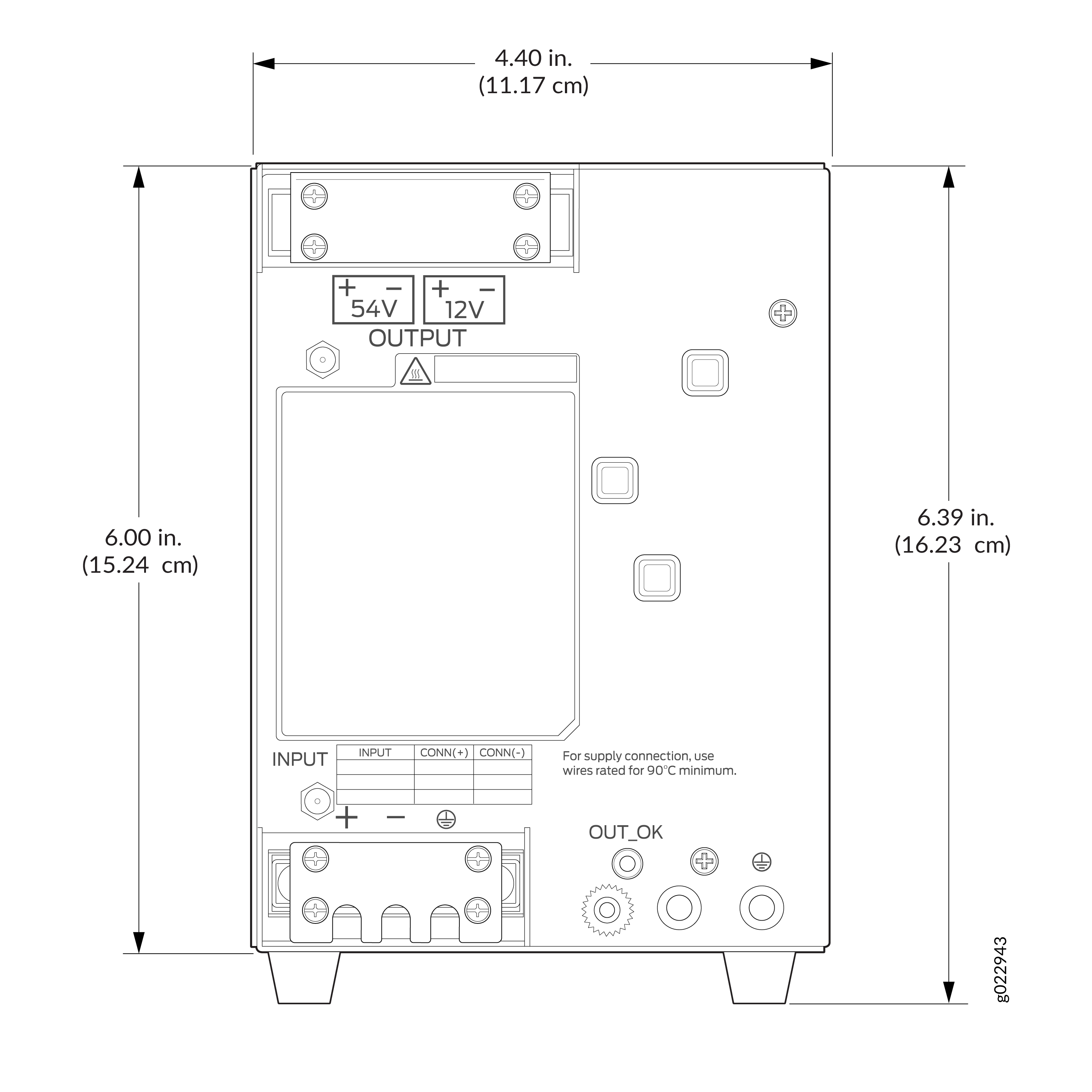 Technical drawing of power supply unit with dimensions in inches and cm, 54V and 12V outputs, CONN+ and CONN- inputs, OUT_OK indicator, and 90C wire safety note.