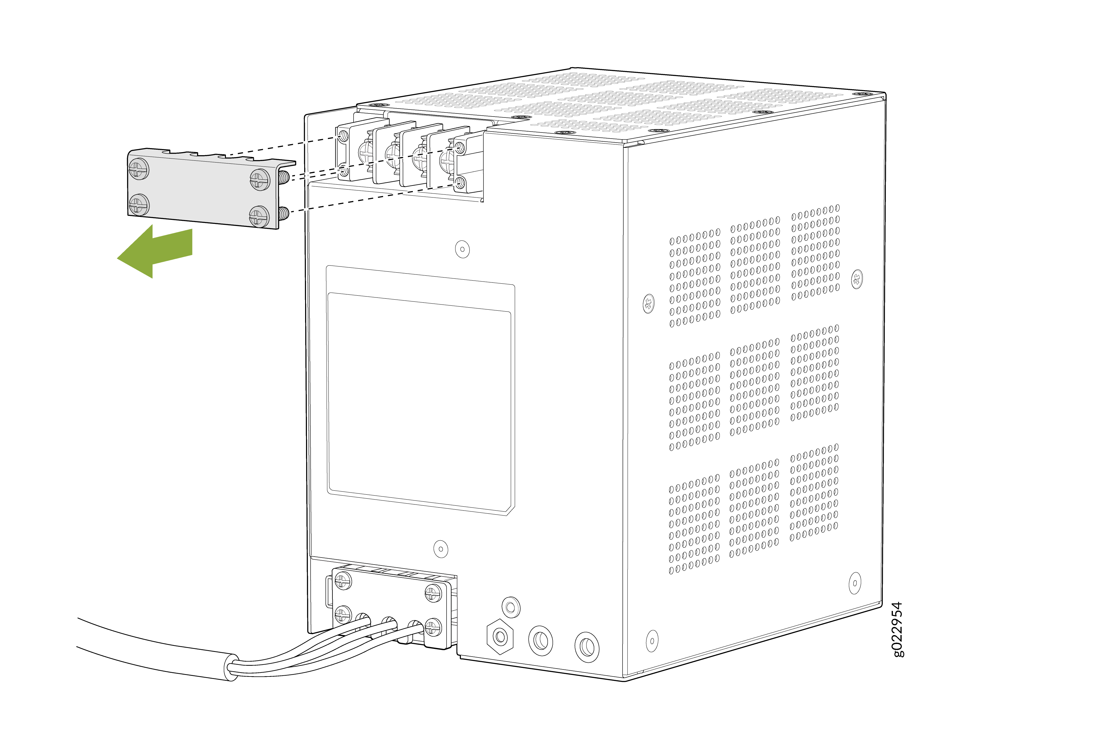 Remove or loosen the protective terminal cover of the PSU output power terminal