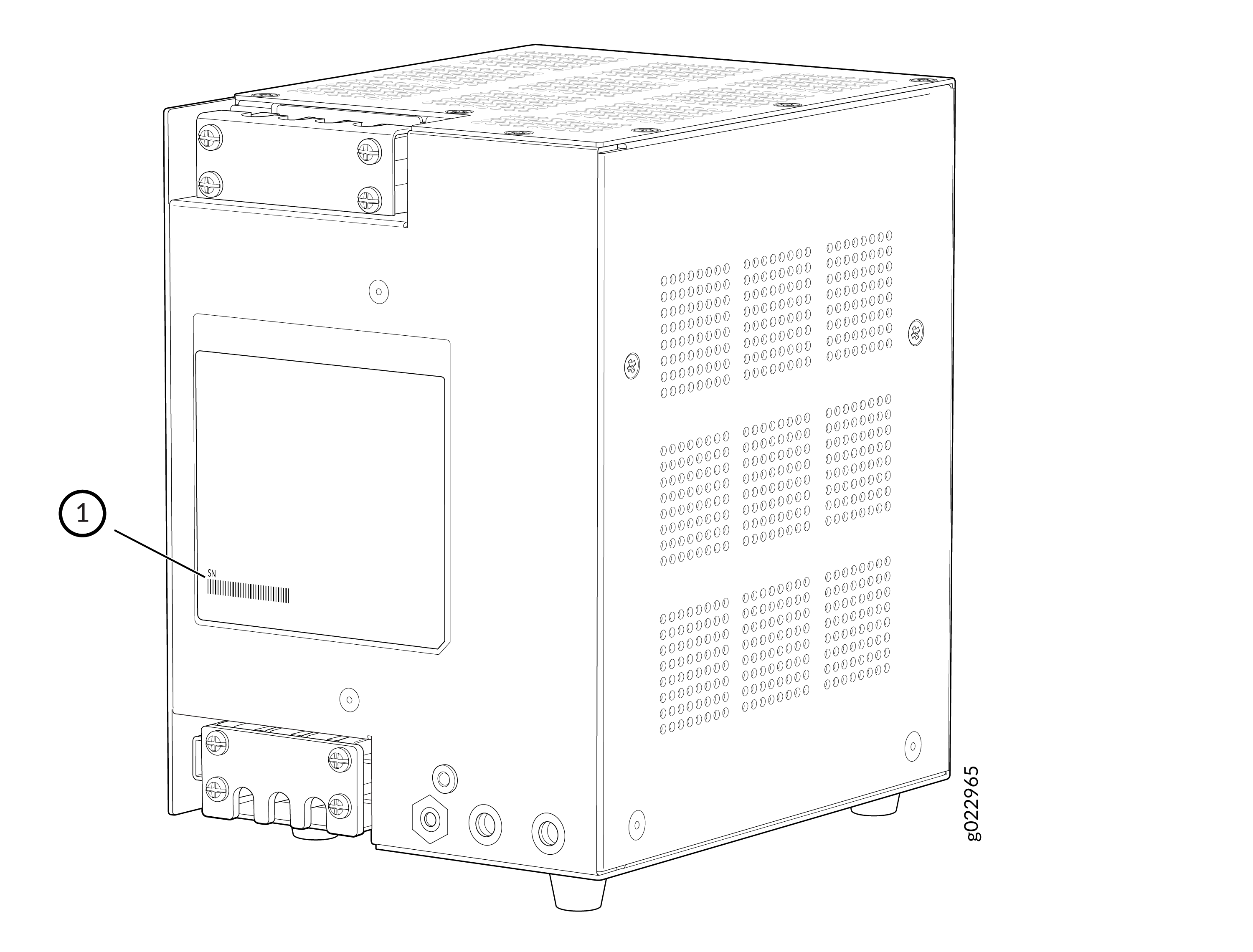 Technical drawing of a power supply unit with ventilation holes, mounting points, and connectors. Label 1 shows serial number location.