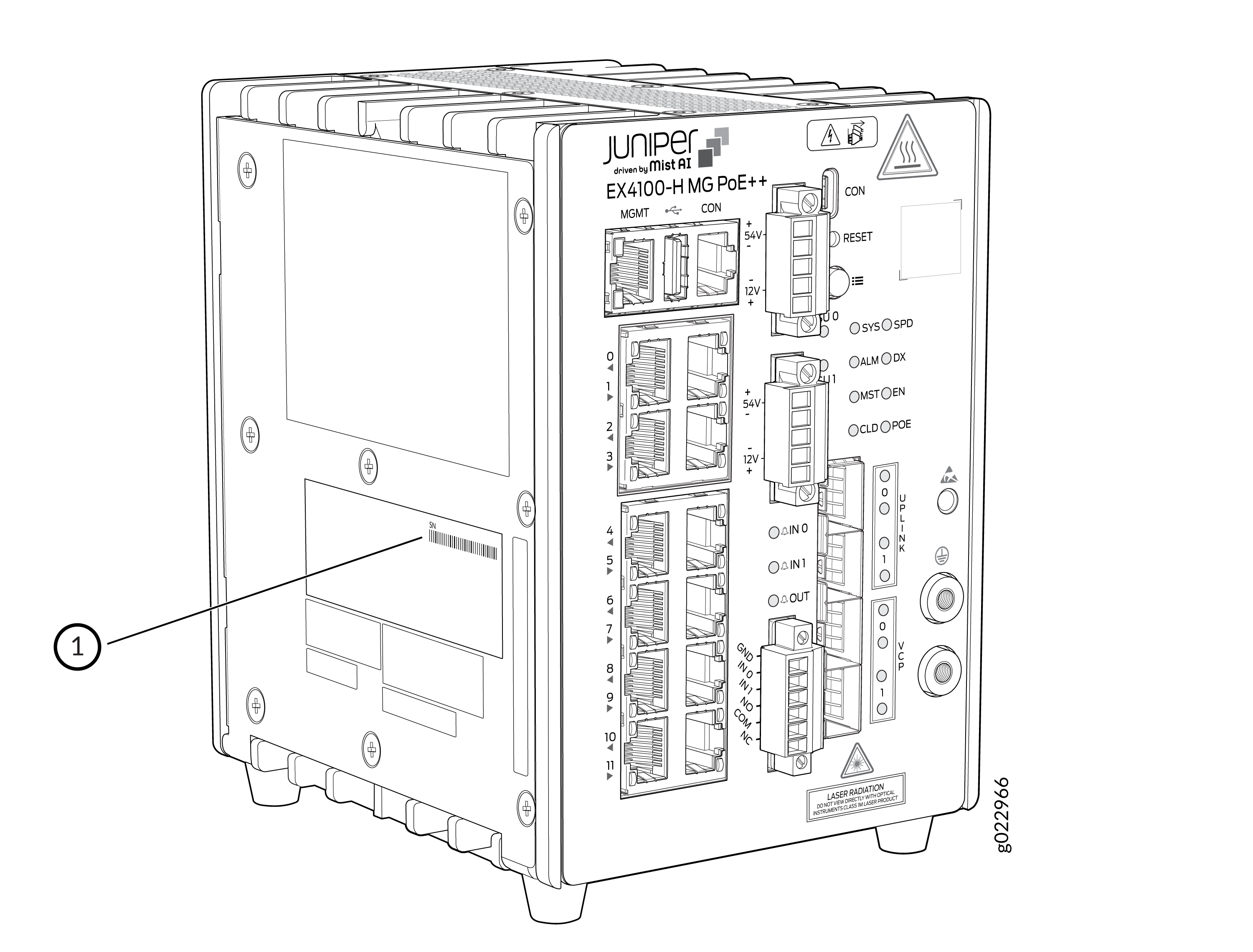 Juniper Networks EX4100-H MG PoE++ switch with labeled management and uplink ports, system indicators, and barcode area for identification.