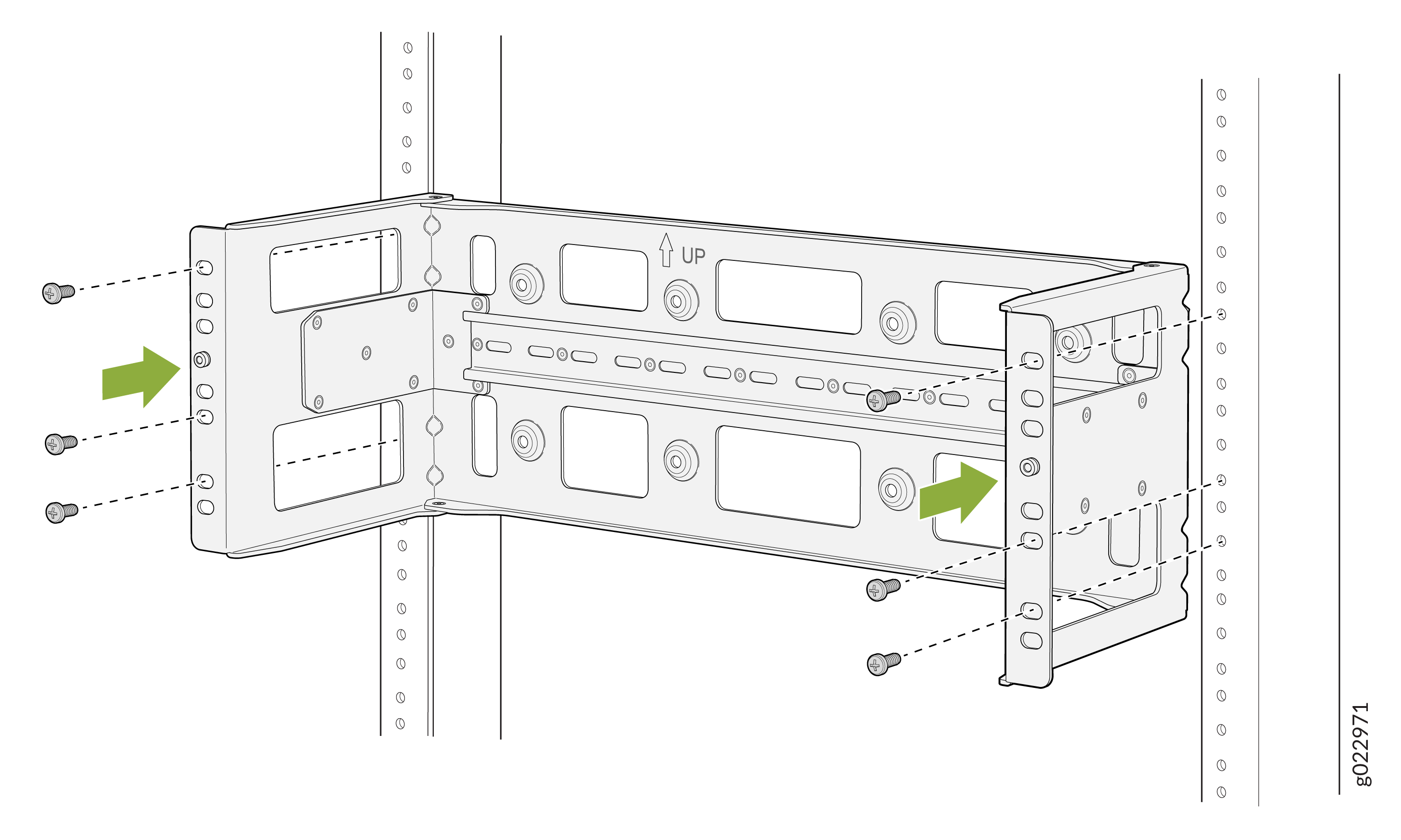 Assembly diagram for mounting a bracket onto a wall with screws. Arrows show direction.