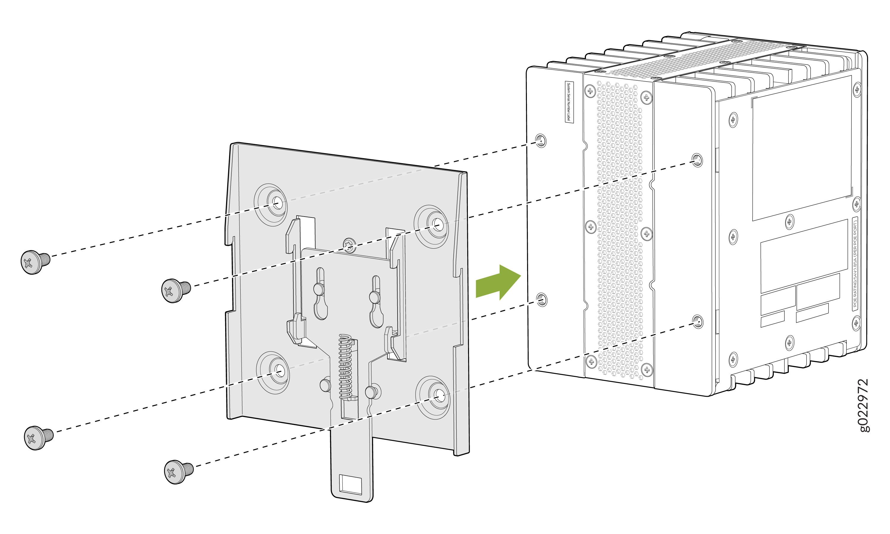 Exploded view of mounting a bracket onto an electronic device using screws, with a green arrow indicating the installation direction.