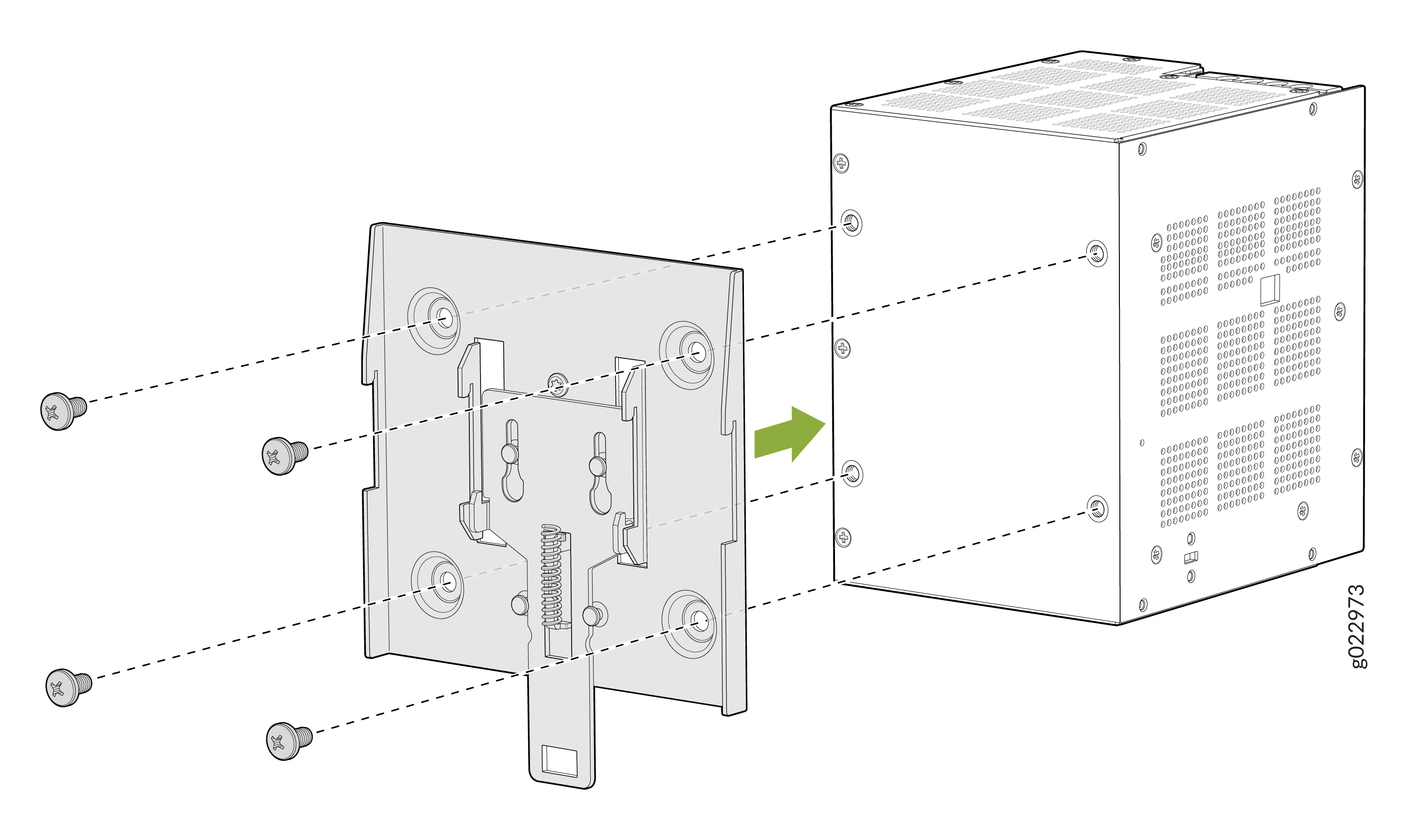 Attaching a mounting bracket to an electronic device with ventilation holes; align screws with holes following green arrow direction.
