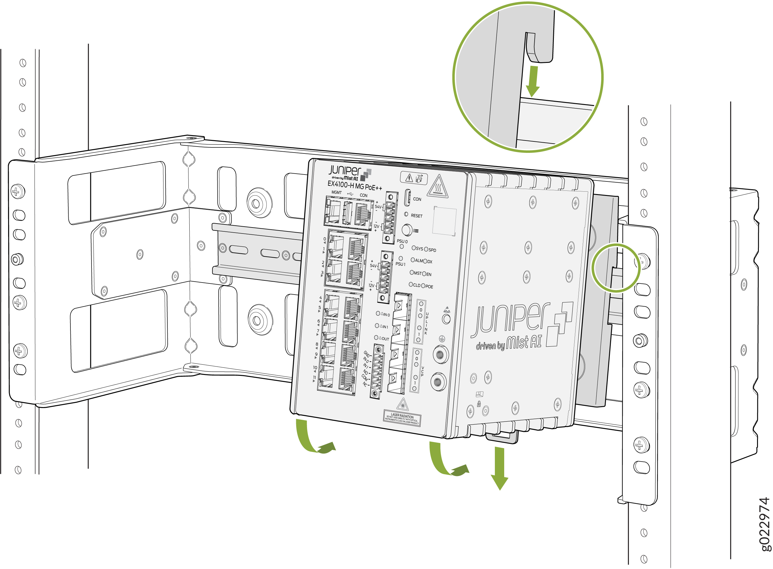 Installing Juniper Networks EX4100-MP switch into a rack with arrows showing placement direction and locking clip detail.