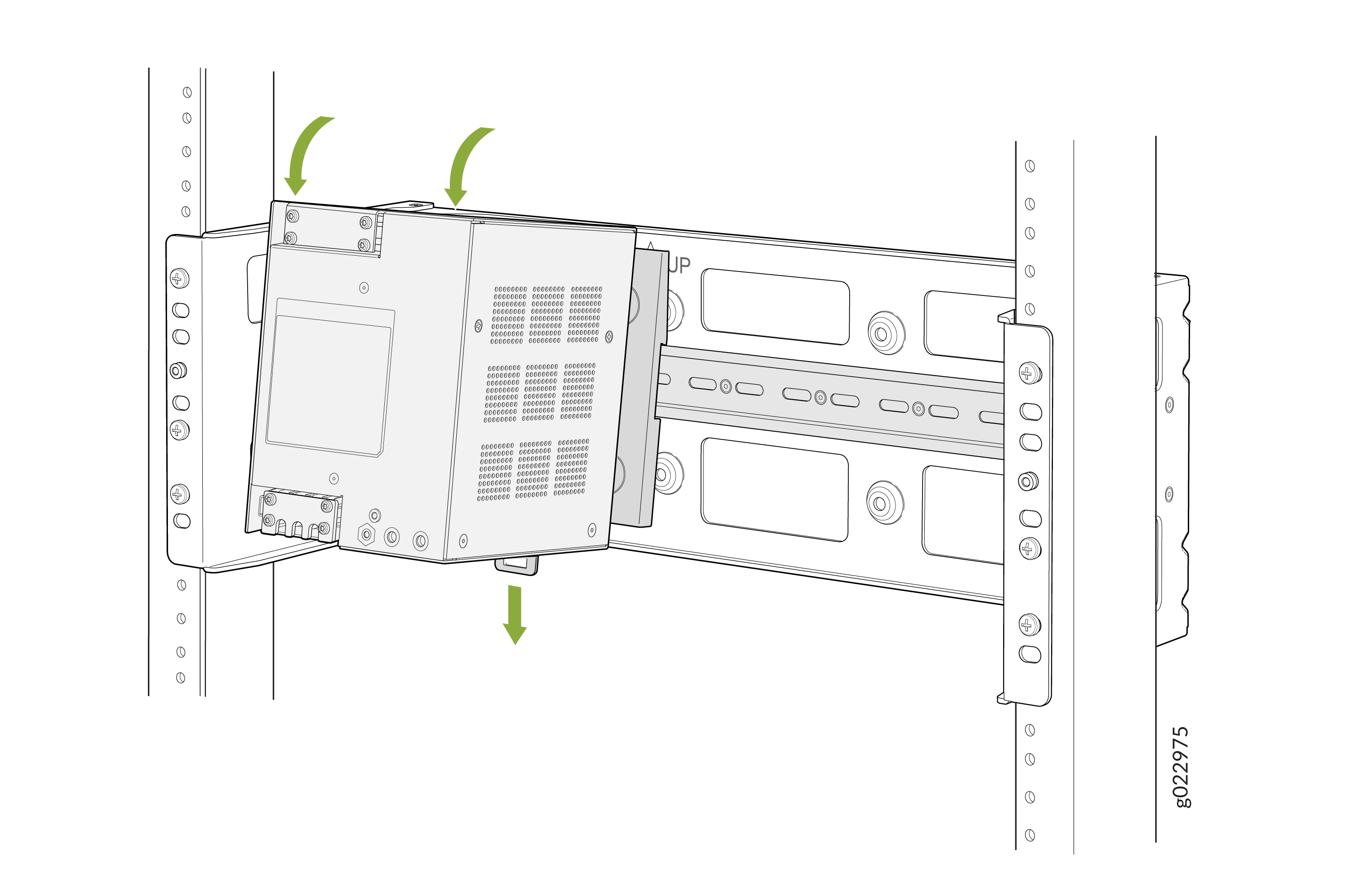 Device being installed onto a rack with green arrows showing positioning direction.