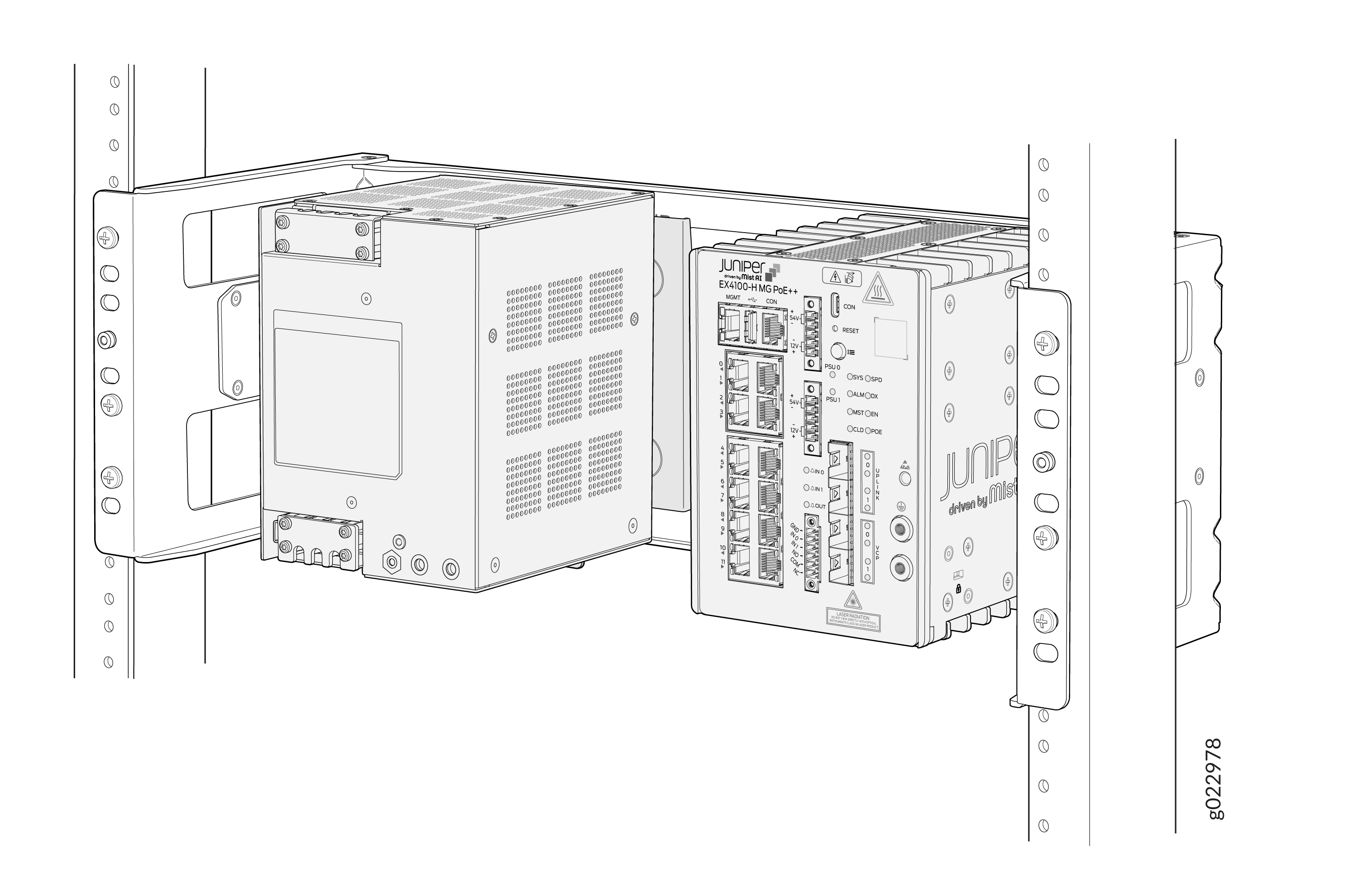 Juniper Networks EX4100 series switch with Ethernet ports and PoE mounted on a rack with power supply unit.