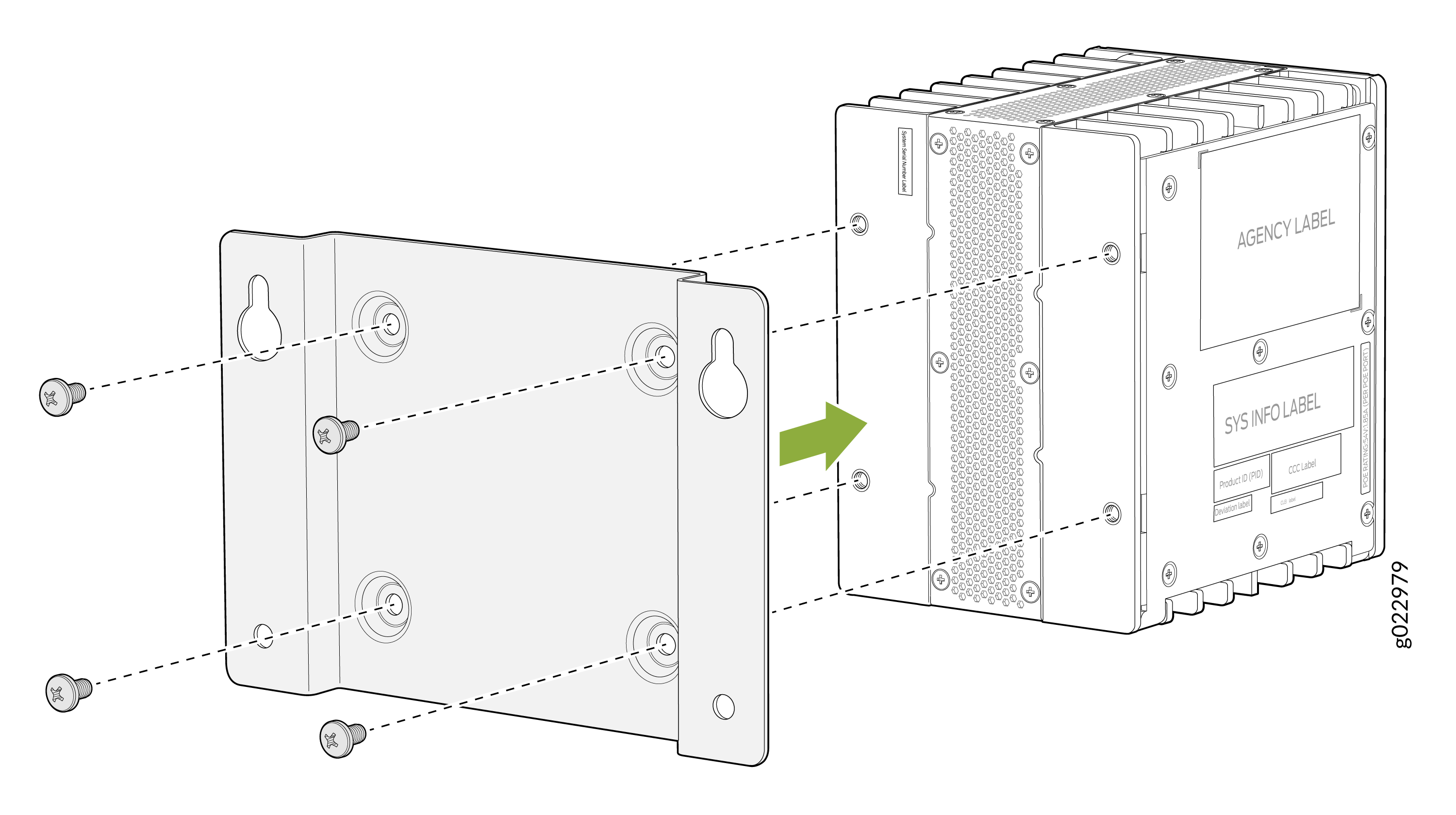 Assembly diagram showing how to mount a device onto a bracket or wall mount. Labels include AGENCY LABEL and SYS INFO LABEL. Screws with dashed lines indicate placement. Green arrow shows bracket attachment direction.