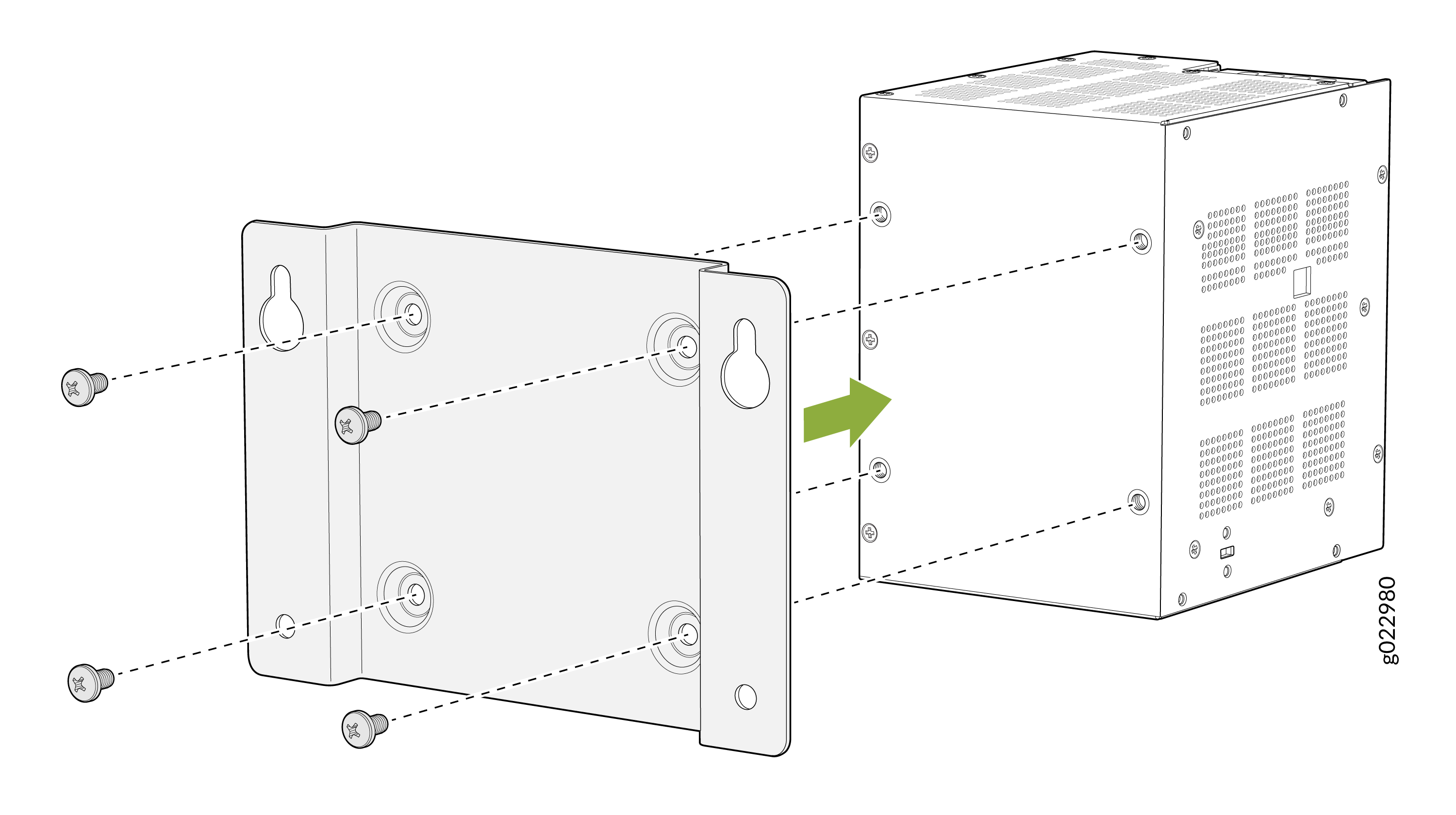 Assembly diagram showing how to attach a mounting bracket to a device with screws. Green arrow indicates attachment direction.