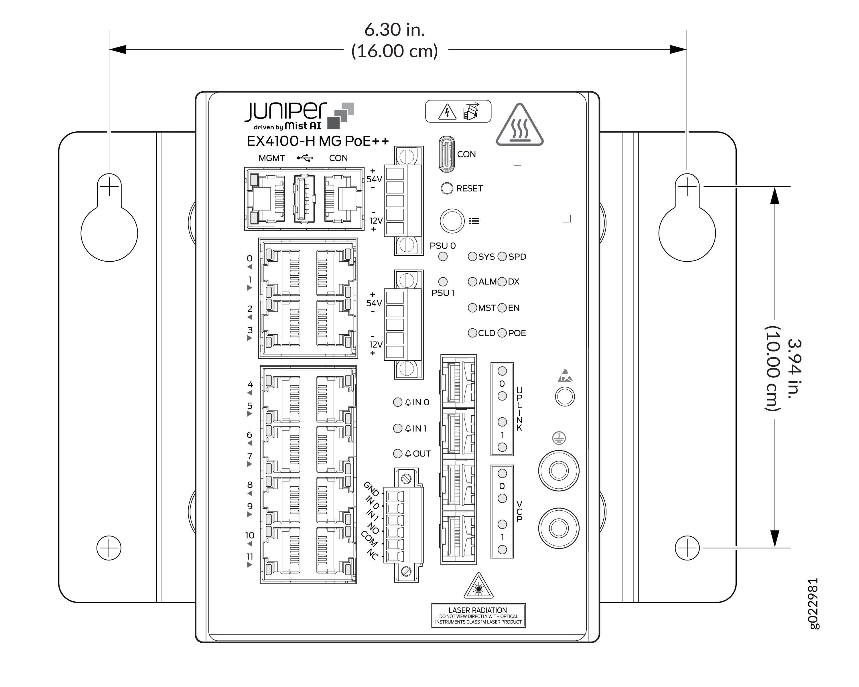 Juniper EX4100-H MG PoE++ switch diagram showing layout, dimensions, Ethernet ports, power input, and status indicators.