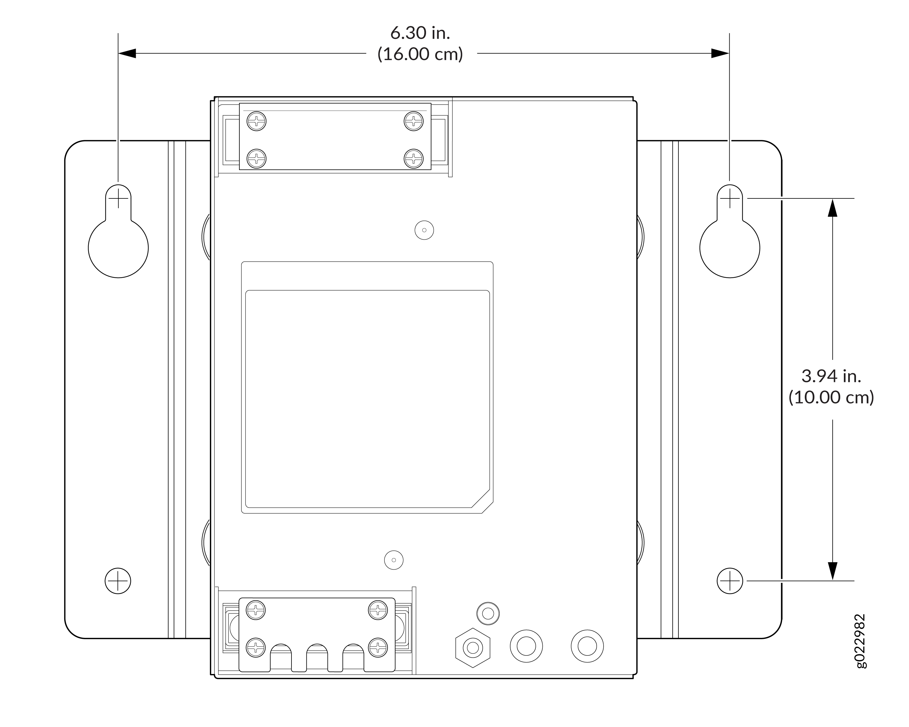 Technical drawing of a wall-mounted electronic device with dimensions: width 6.30 inches, height 3.94 inches, showing mounting holes and connectors.
