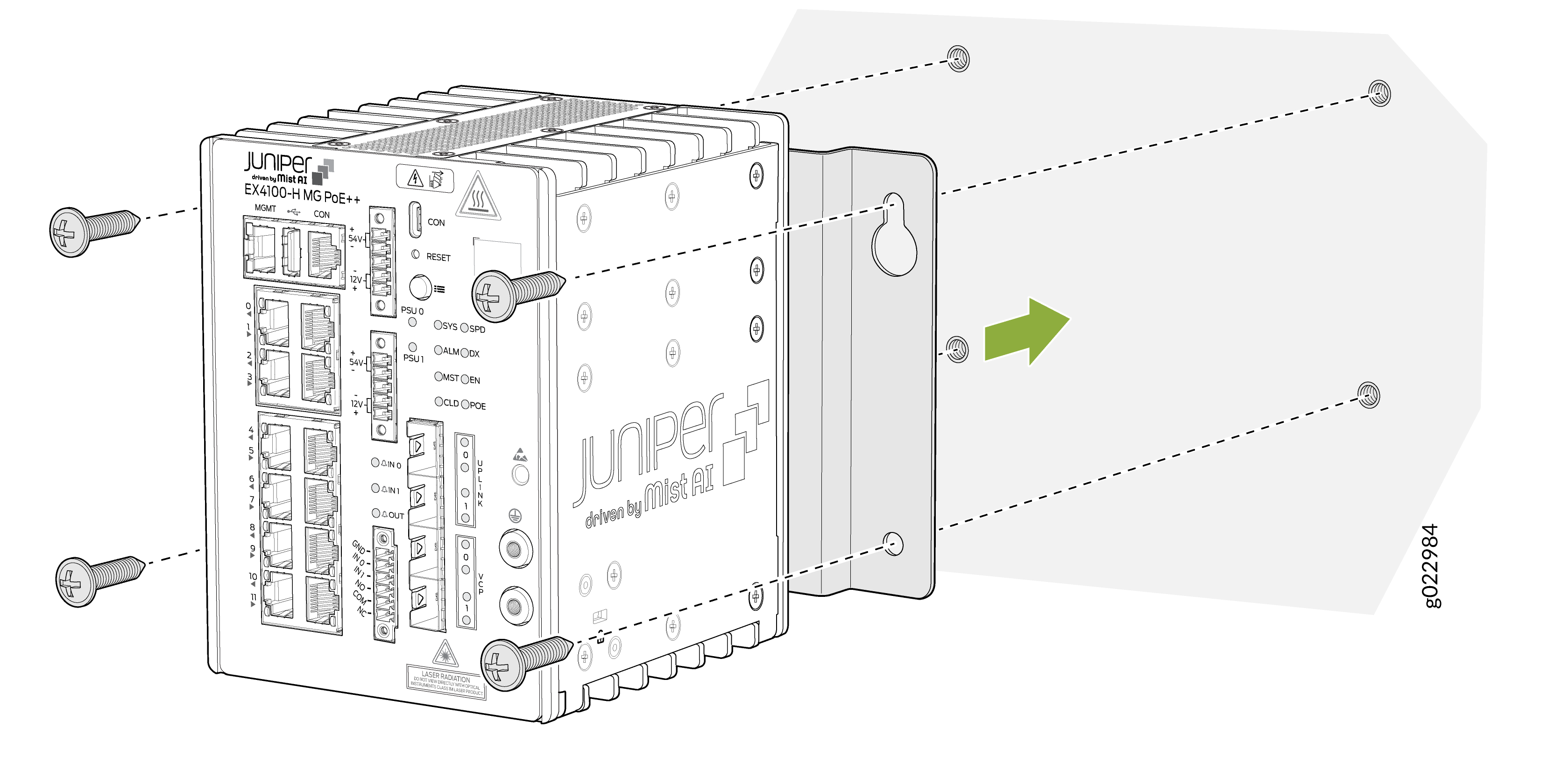 Juniper Networks EX4100-HM switch mounted with screws on a surface, highlighting its AI-driven network management and PoE++ features.