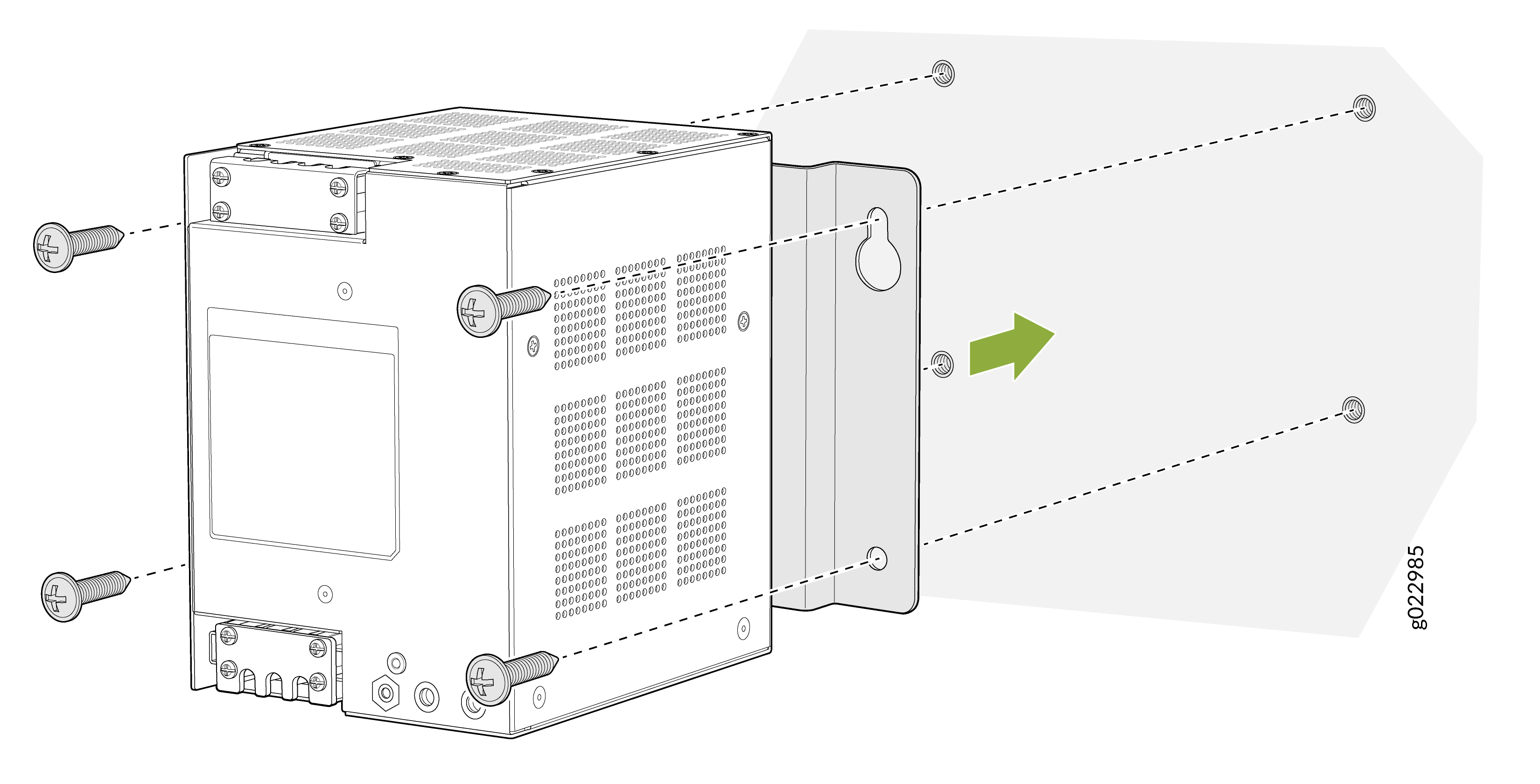 Installation diagram of an electrical device with ventilation holes onto a mounting bracket using screws. Green arrow shows attachment direction.