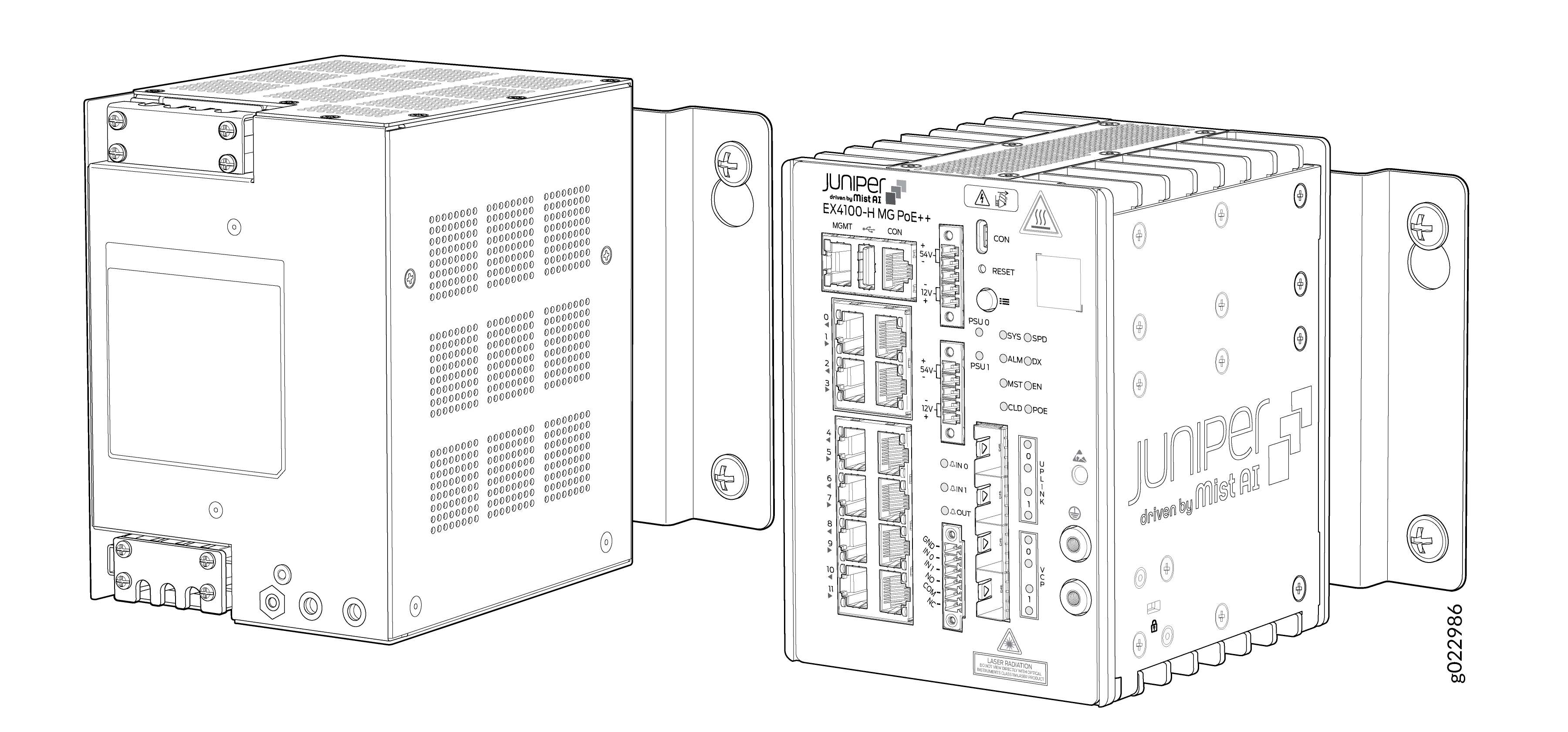 Juniper EX4100-H MG PoE++ switch with Ethernet ports and status indicators for network connectivity and PoE applications.