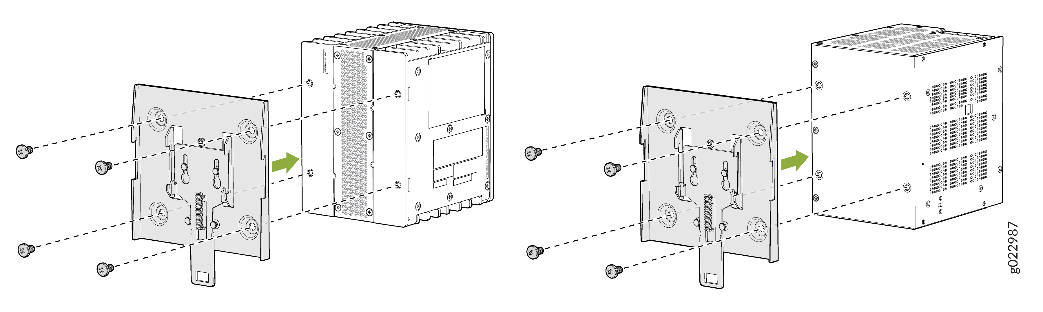 Mounting plate assembly process for an electronic device with green arrows indicating screw attachment directions.