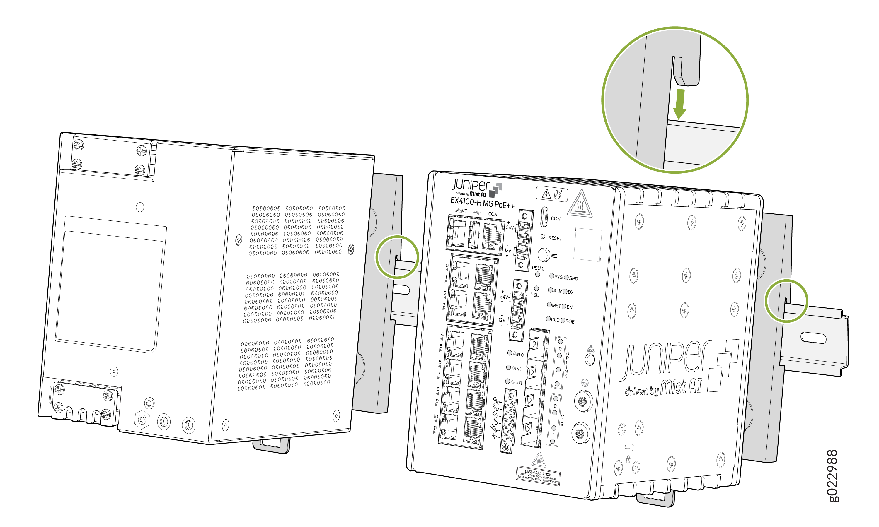 Juniper Networks EX4100-MG PoE++ switch mounted on DIN rail with green circles highlighting securing mechanism.