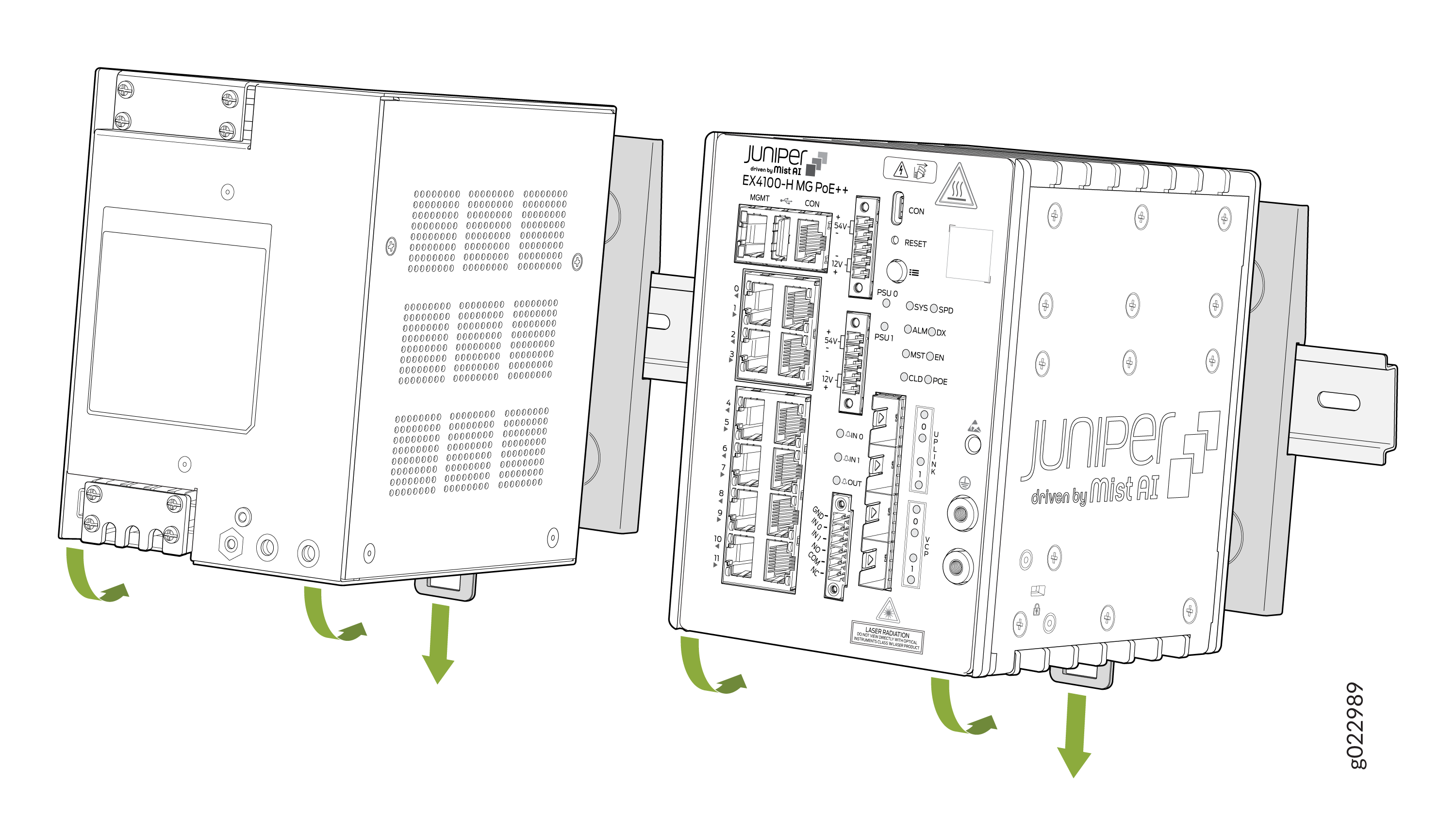 Juniper EX4100-H-MG PoE++ switch mounted on a rail with labeled ports and green arrows showing installation directions.