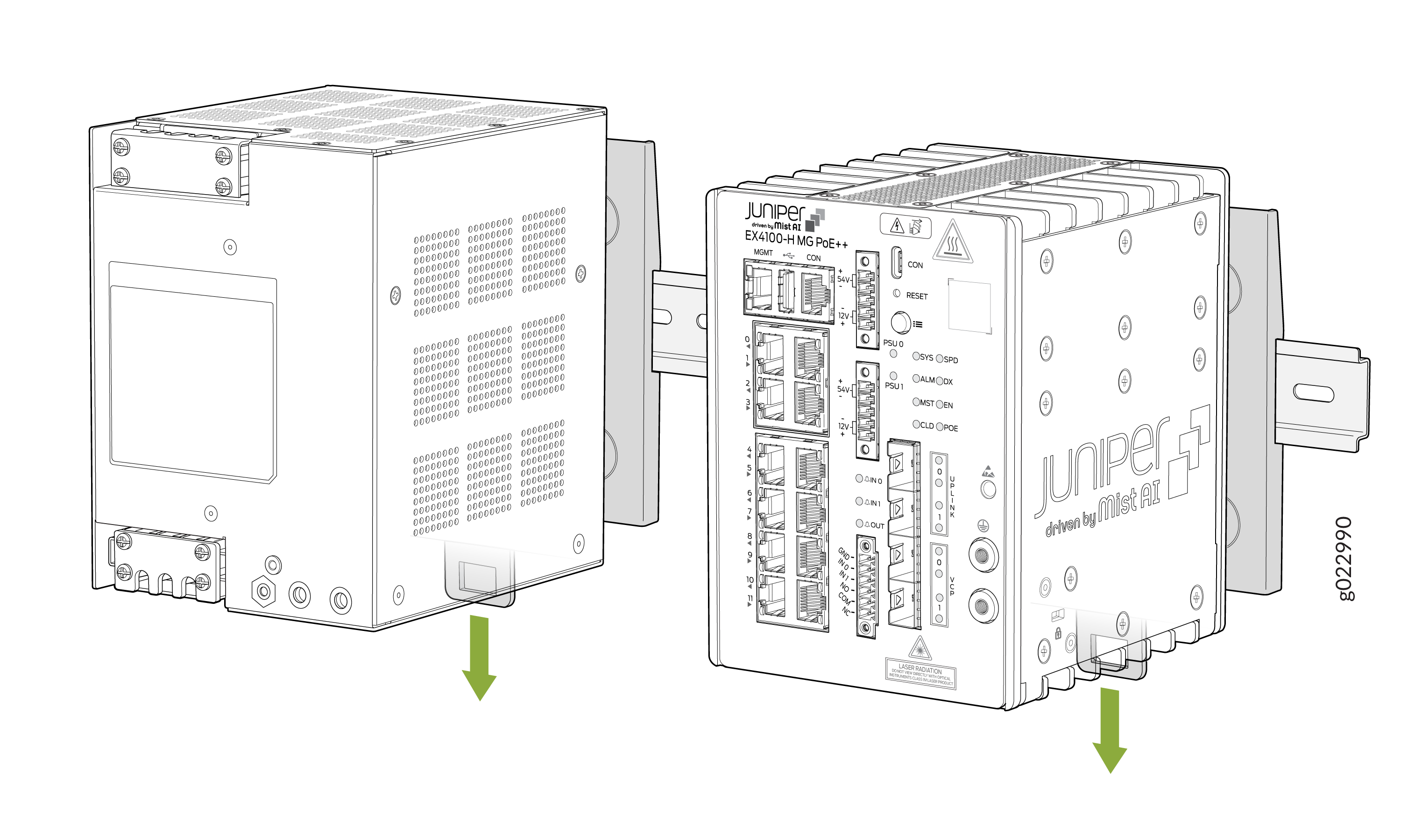 Juniper Networks EX4100-MG PoE++ switch mounted on DIN rail showing front and rear views with labeled ports and green arrows for mounting directions.