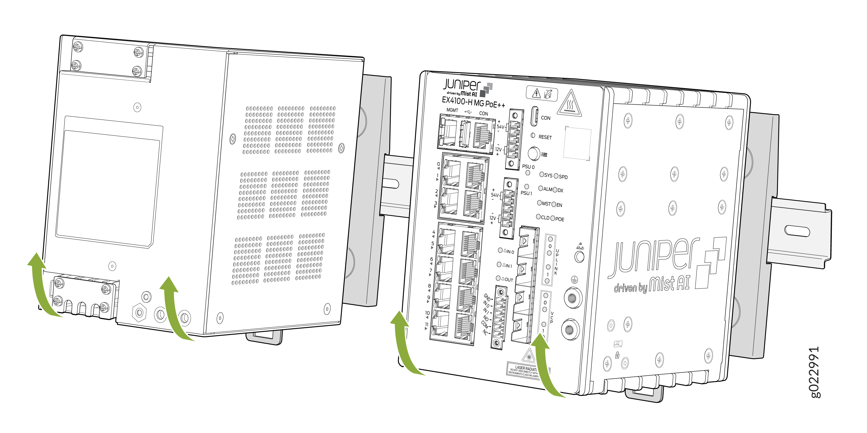Juniper Networks EX4100-H MG PoE++ switch mounted on a DIN rail with green arrows indicating installation points.