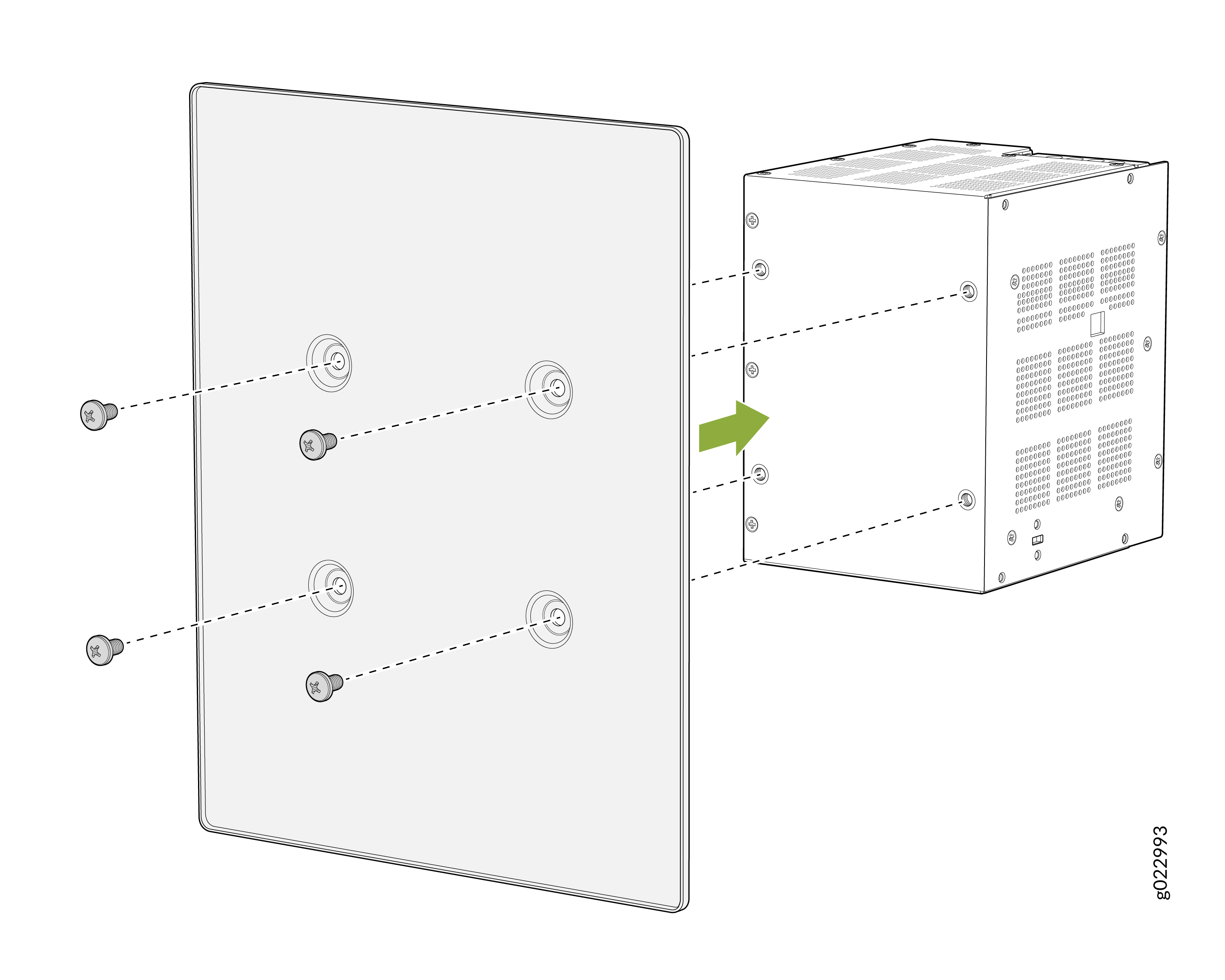 Attach panel to box device using screws. Panel on left, box on right. Green arrow shows direction for attaching.