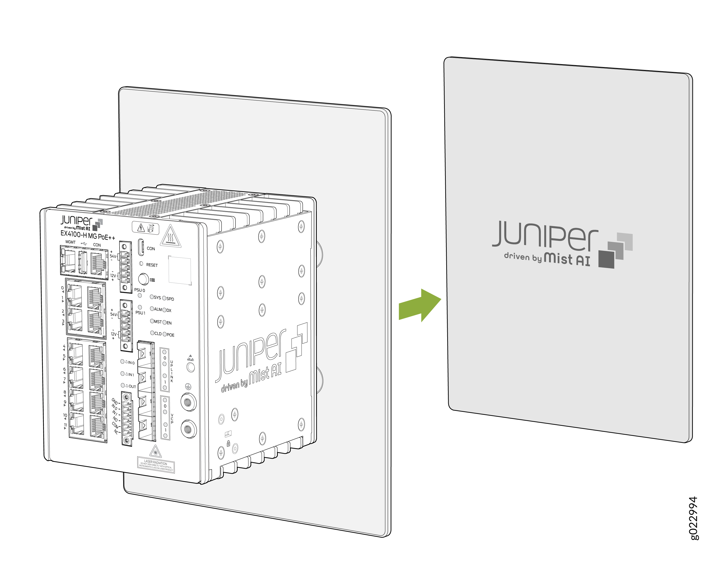 Juniper Networks EX4100-MG PoE++ switch with front panel ports and connections, cover labeled Juniper driven by Mist AI.