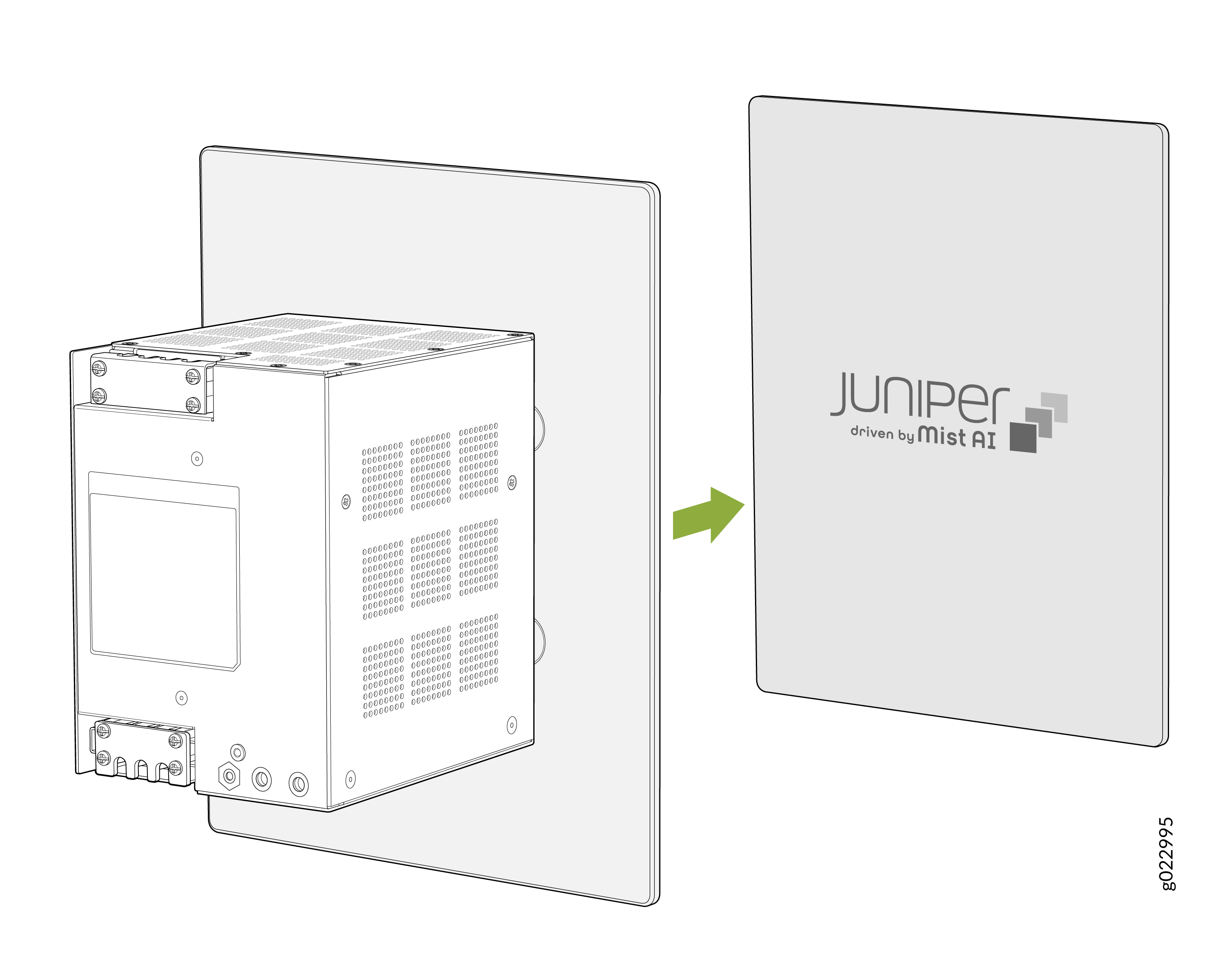 Technical illustration of a device with a removable cover featuring the logo Juniper driven by Mist AI, indicating a network device.