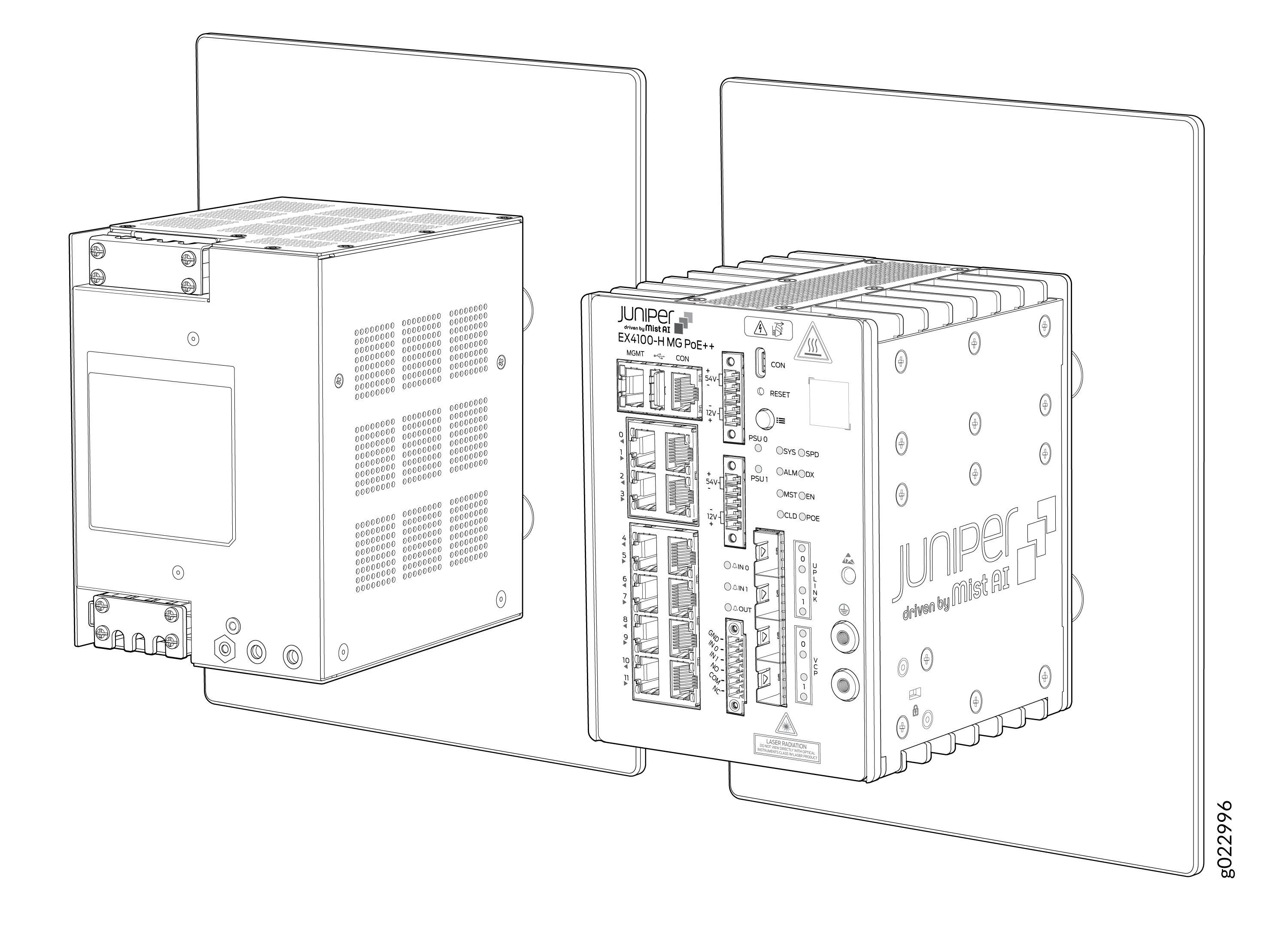 Juniper Networks EX4100-HMG PoE++ switch and supporting power supply mounted on panels for high-performance networking.