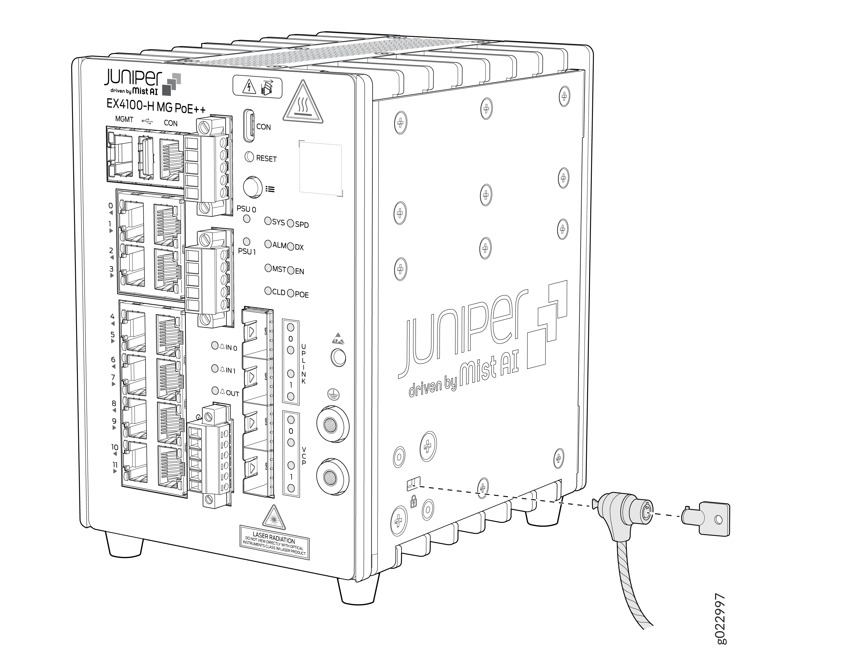 Juniper Networks EX4100-H MG PoE++ switch with Mist AI integration, showing Ethernet ports, indicators, and a connected power cable.
