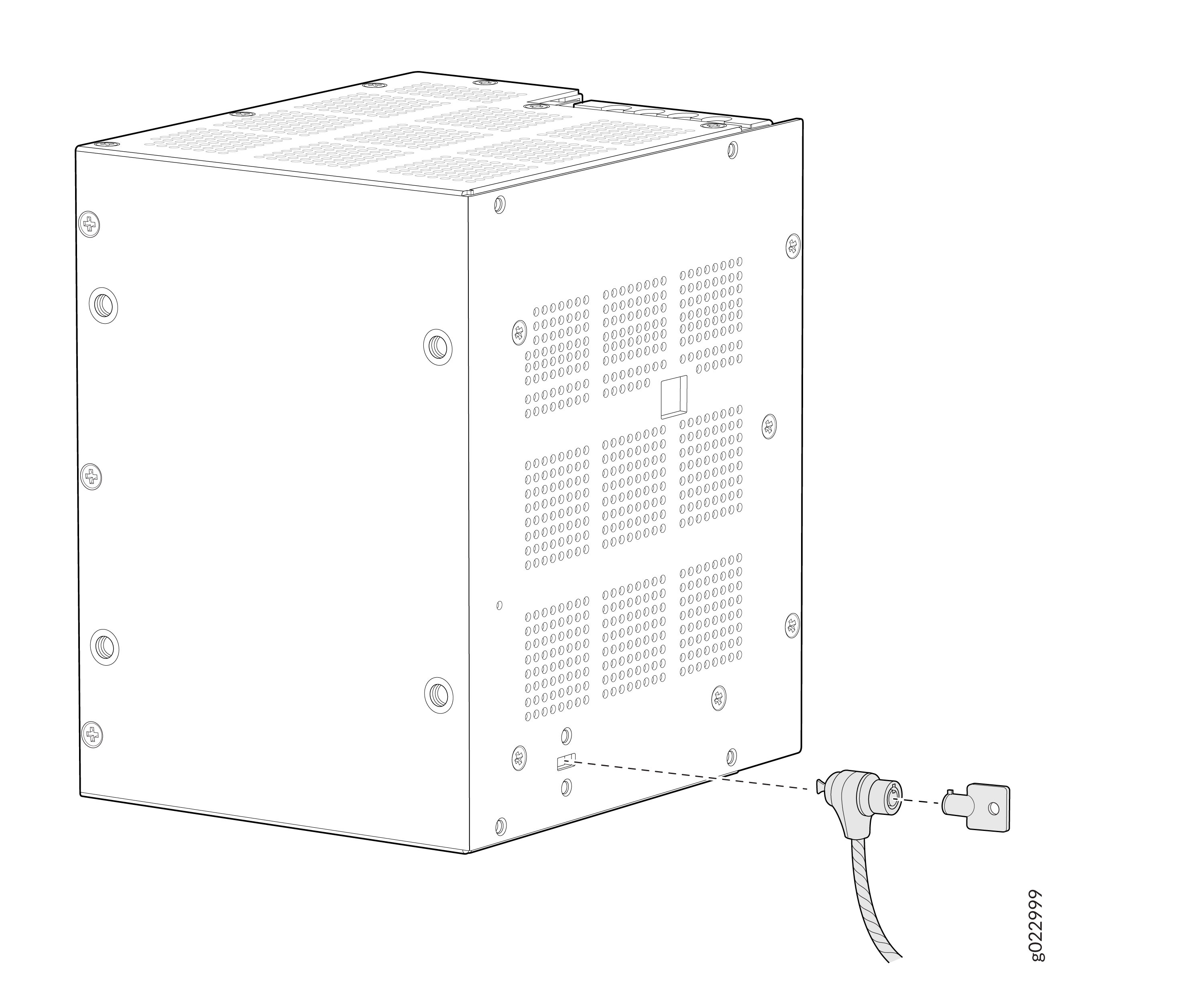 Technical diagram of an electronic enclosure with ventilation holes, screws, and a cable connecting to a port. Part number 802299 displayed.