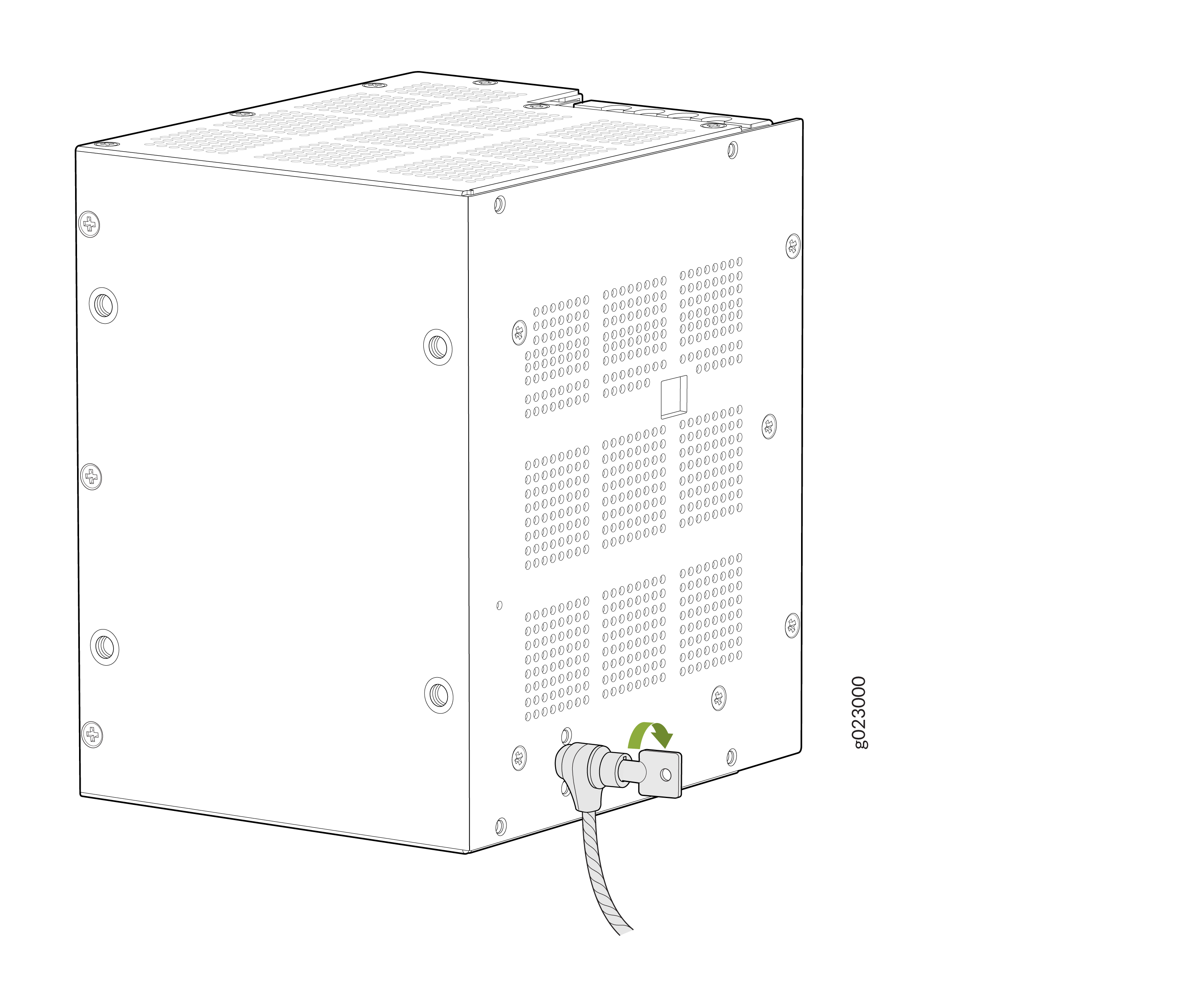 Rectangular electronic enclosure with ventilation holes and screws, cable connected. Green arrow shows cable rotation for securing. Label g023000.