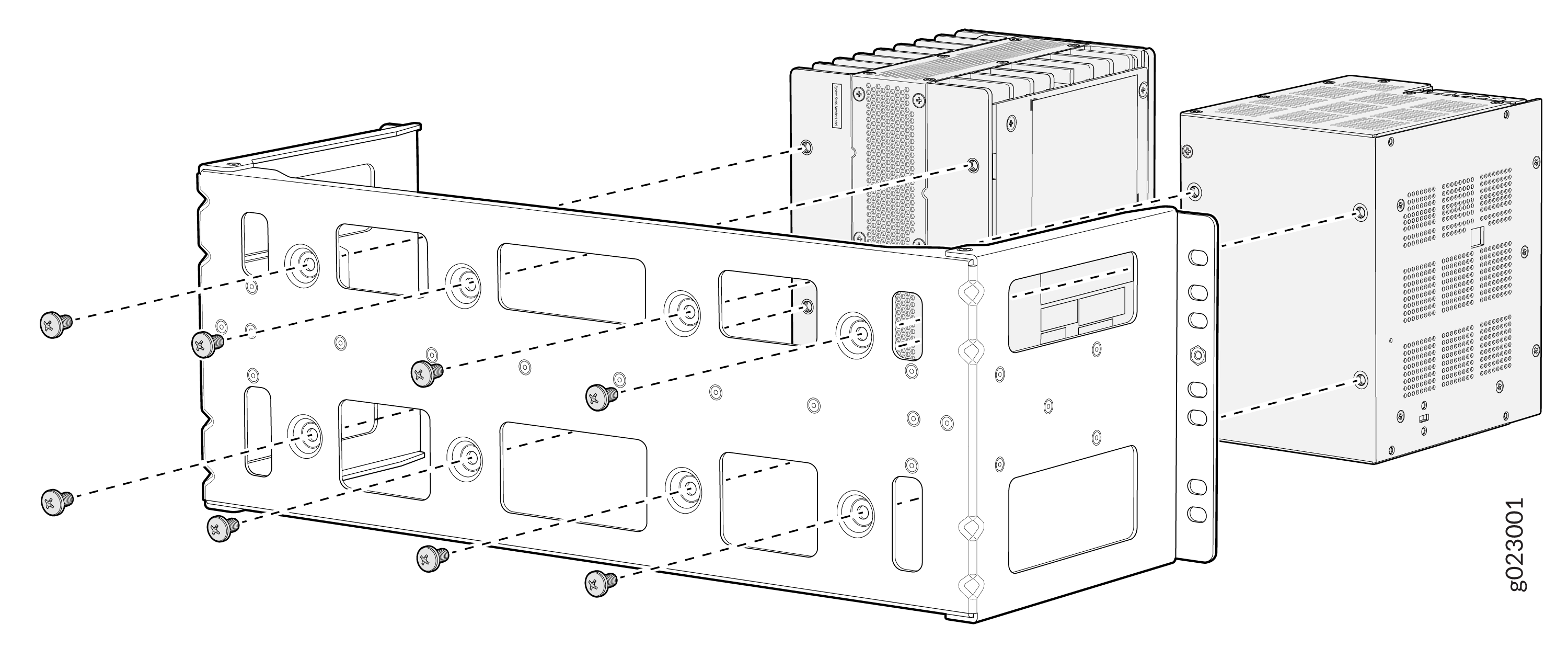 Exploded view diagram of a metal bracket assembly with electronic components, including screws and dashed lines for attachment.