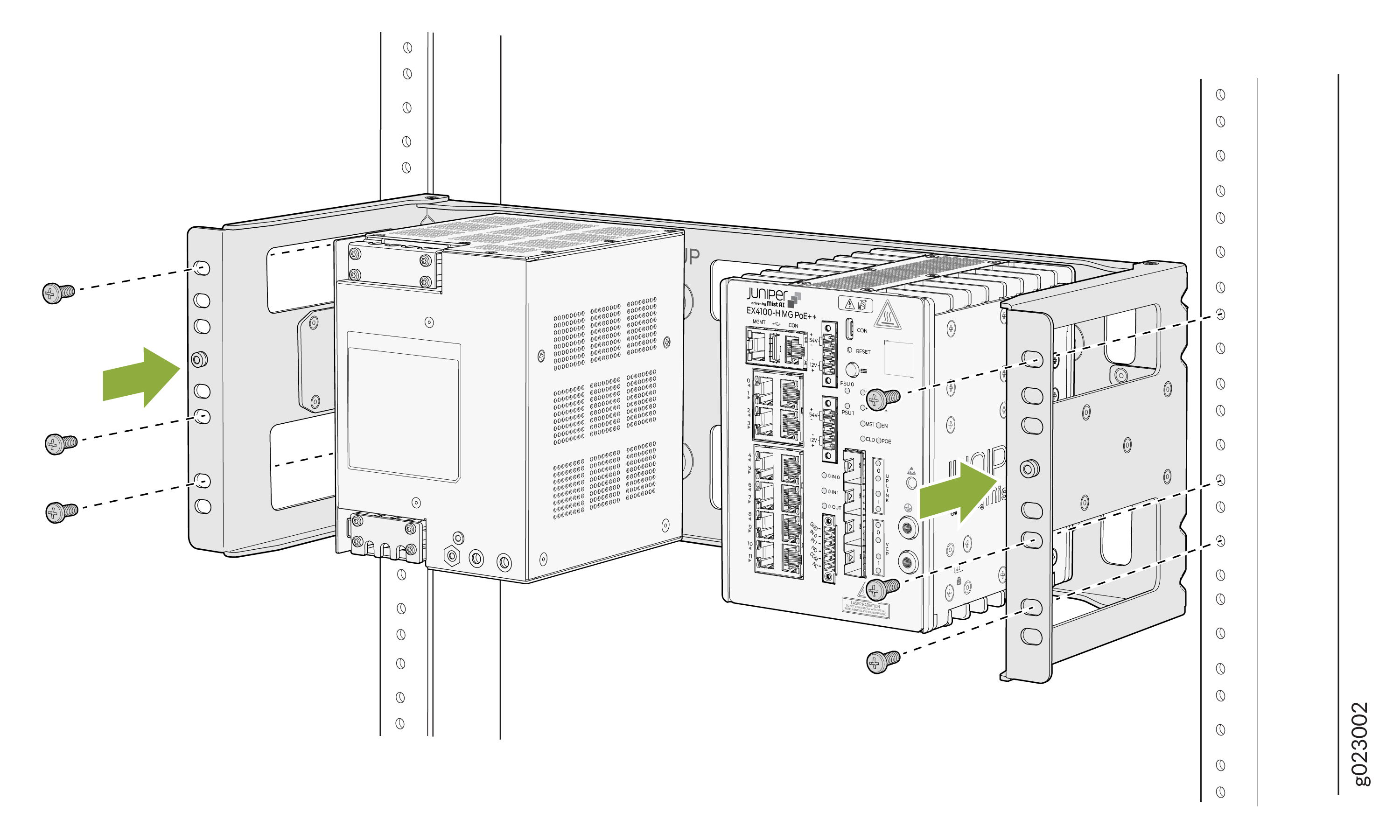 Installing Juniper Networks EX4100-M switch into rack with brackets and screws; green arrows show screw direction.