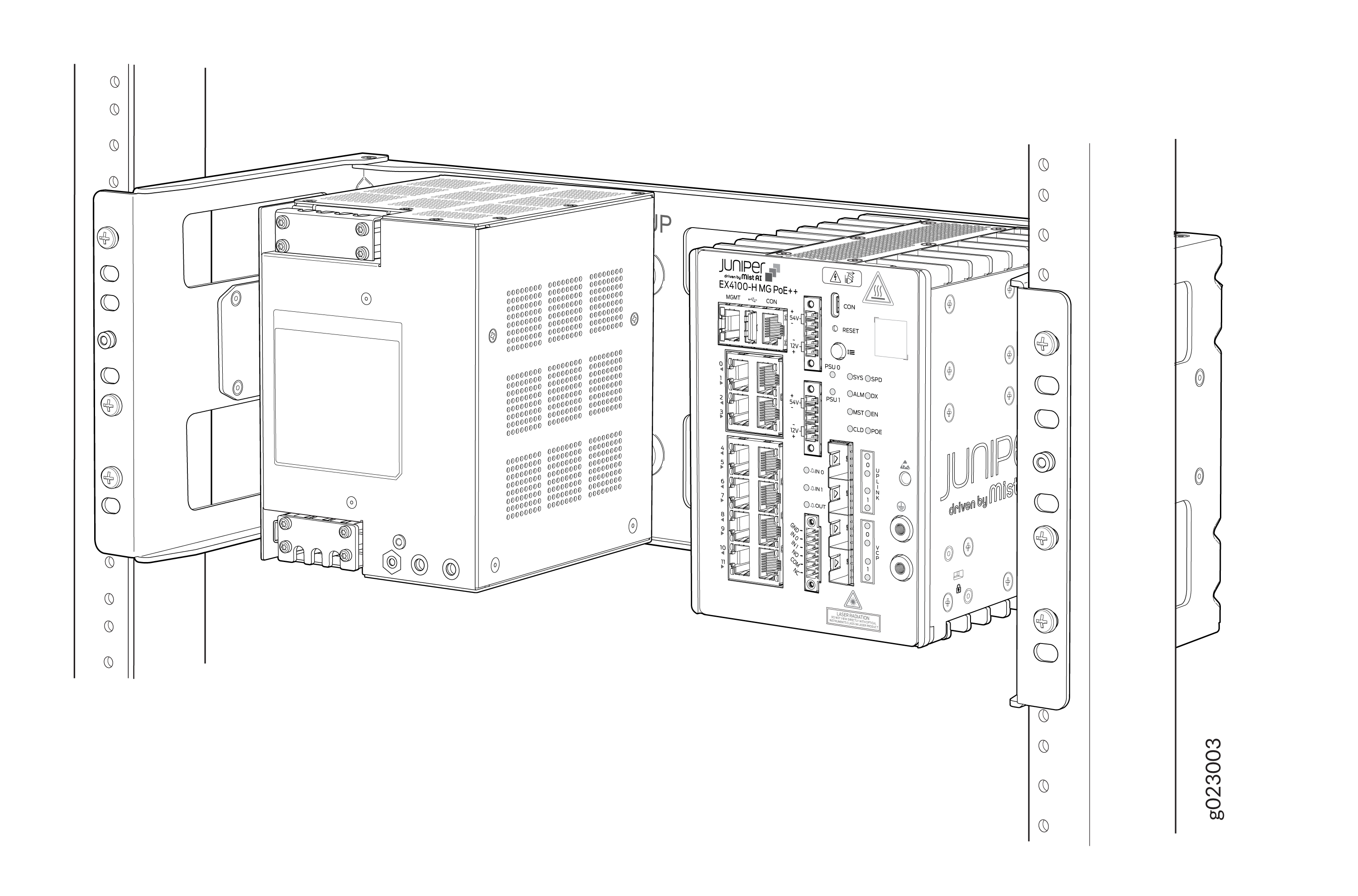 Juniper EX4100-M switch and power supply unit mounted on a standard rack frame for enterprise networking.