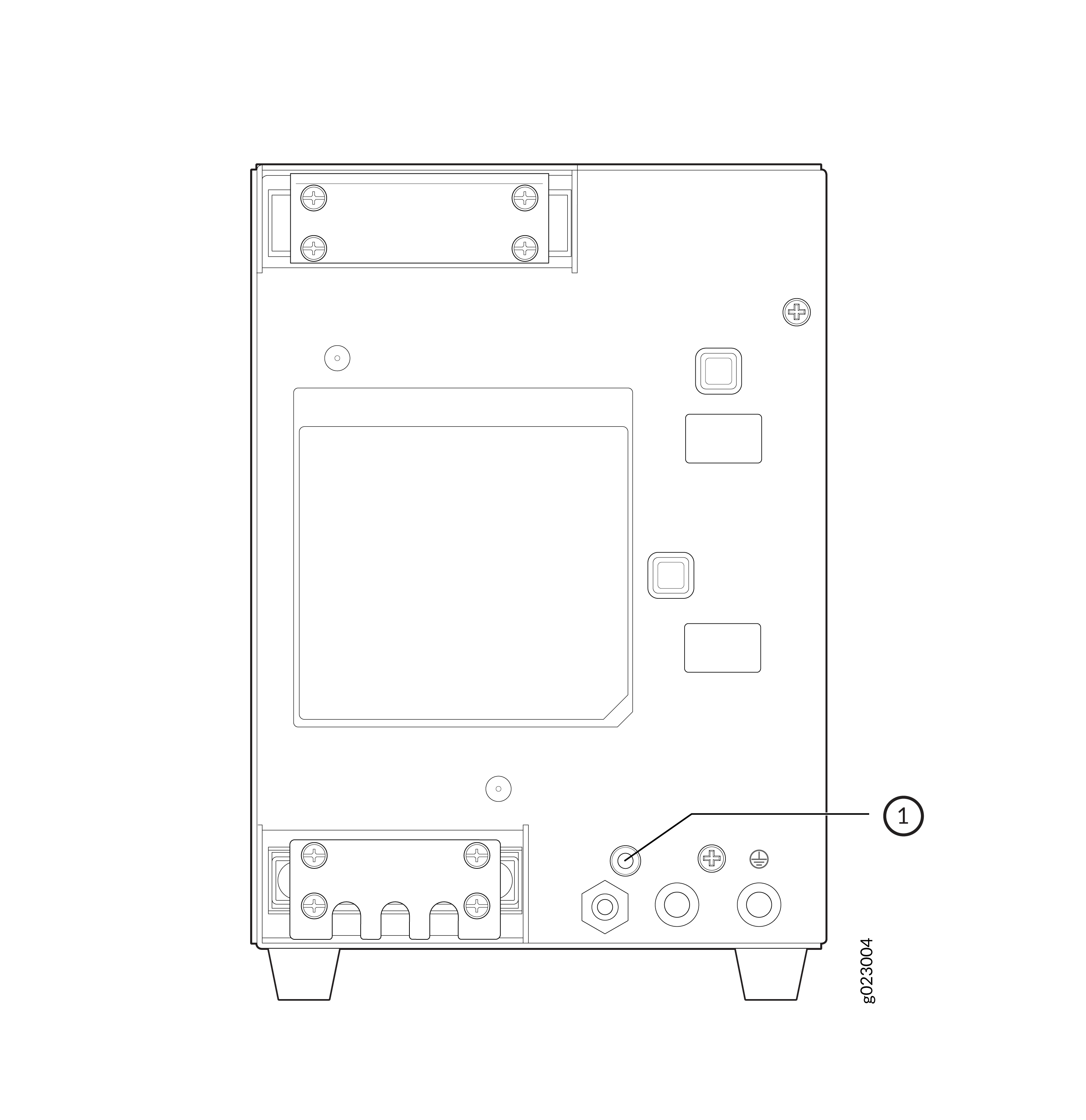 Technical drawing of an electronic device showing mounting points and connectors with label 1 indicating a specific component.