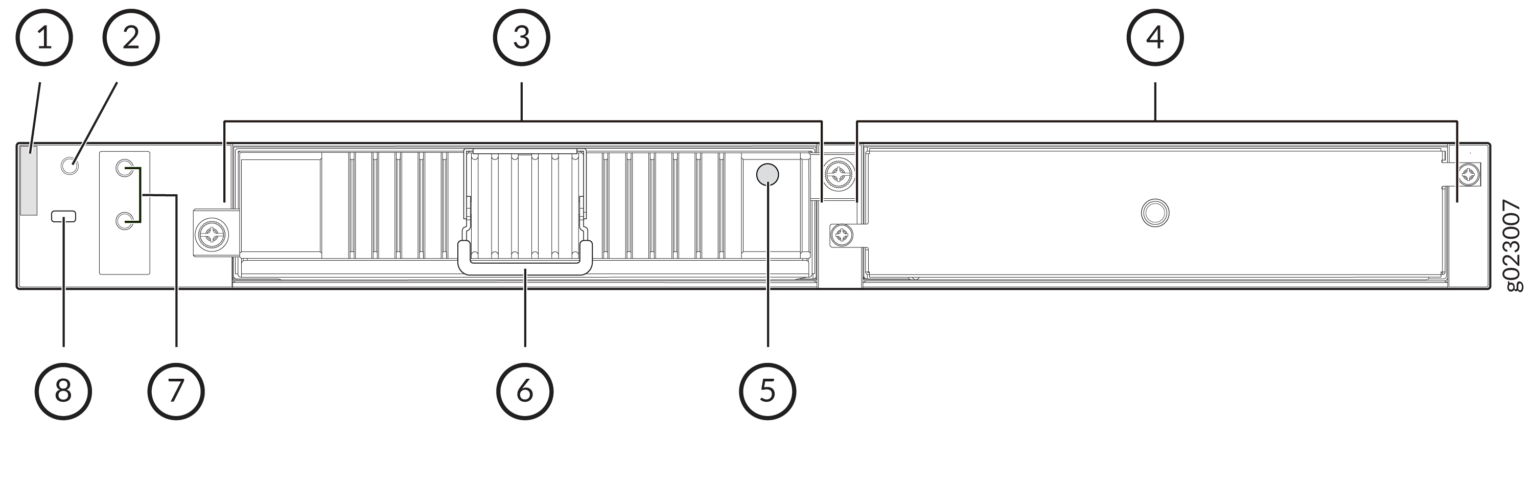 Technical diagram of an electronic component with numbered labels 1-8 identifying parts like connectors, cooling grid, enclosure, fasteners, and latch.