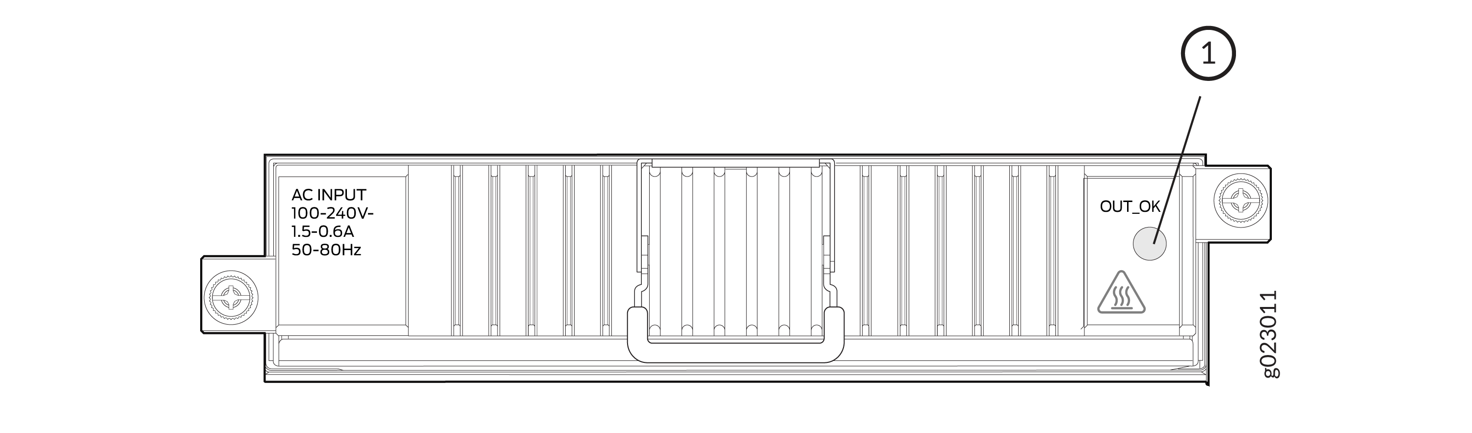 Technical diagram of a power supply unit showing AC input specs 100-240V, 1.5-0.6A, 50-80Hz; OUT_OK status indicator; heat warning symbol; cooling design with vertical lines; mounting points; and model identifier g023011.