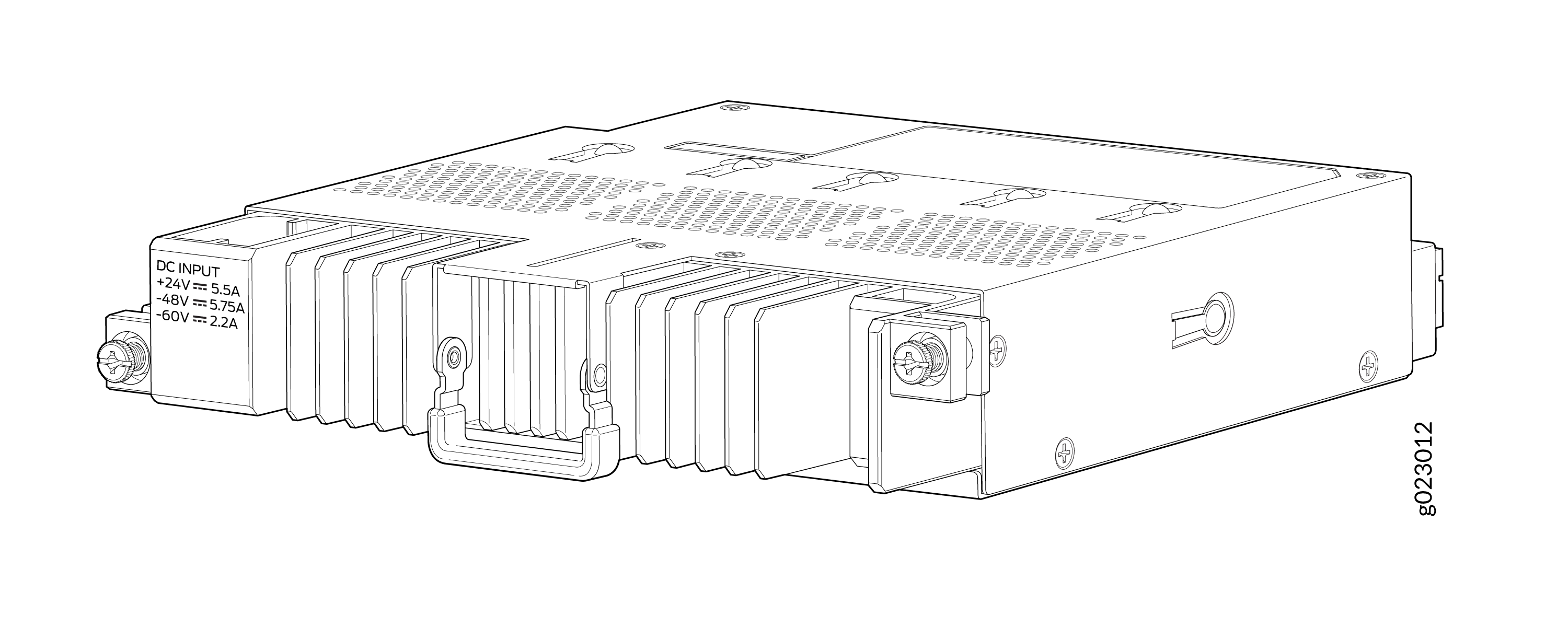Technical drawing of a power supply module with DC input, voltage levels: +24V, -48V, -60V and current ratings: 5.5A, 5.75A, 2.2A. Includes heat sinks, mounting brackets, and ventilation holes.