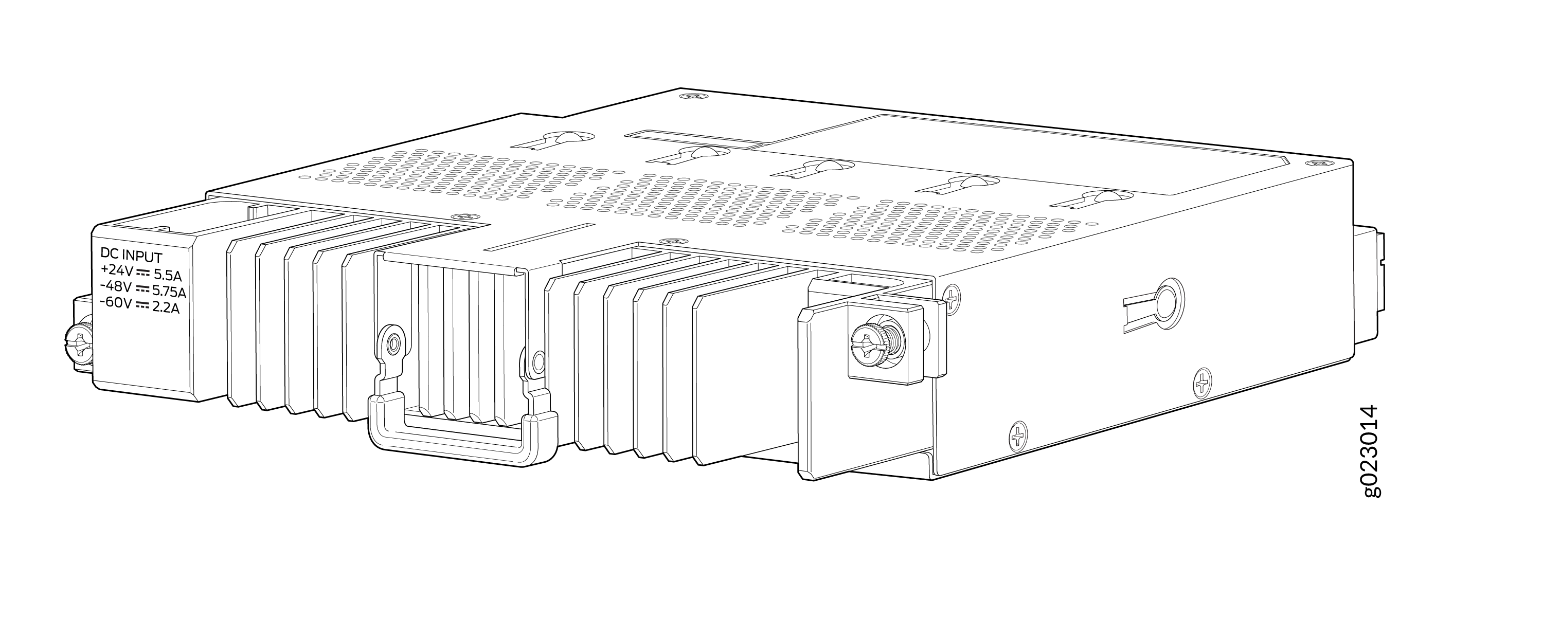 Technical drawing of a DC power supply module with input specs: plus 24V 5.5A, minus 48V 5.75A, minus 60V 2.2A, featuring heat sinks and ventilation.