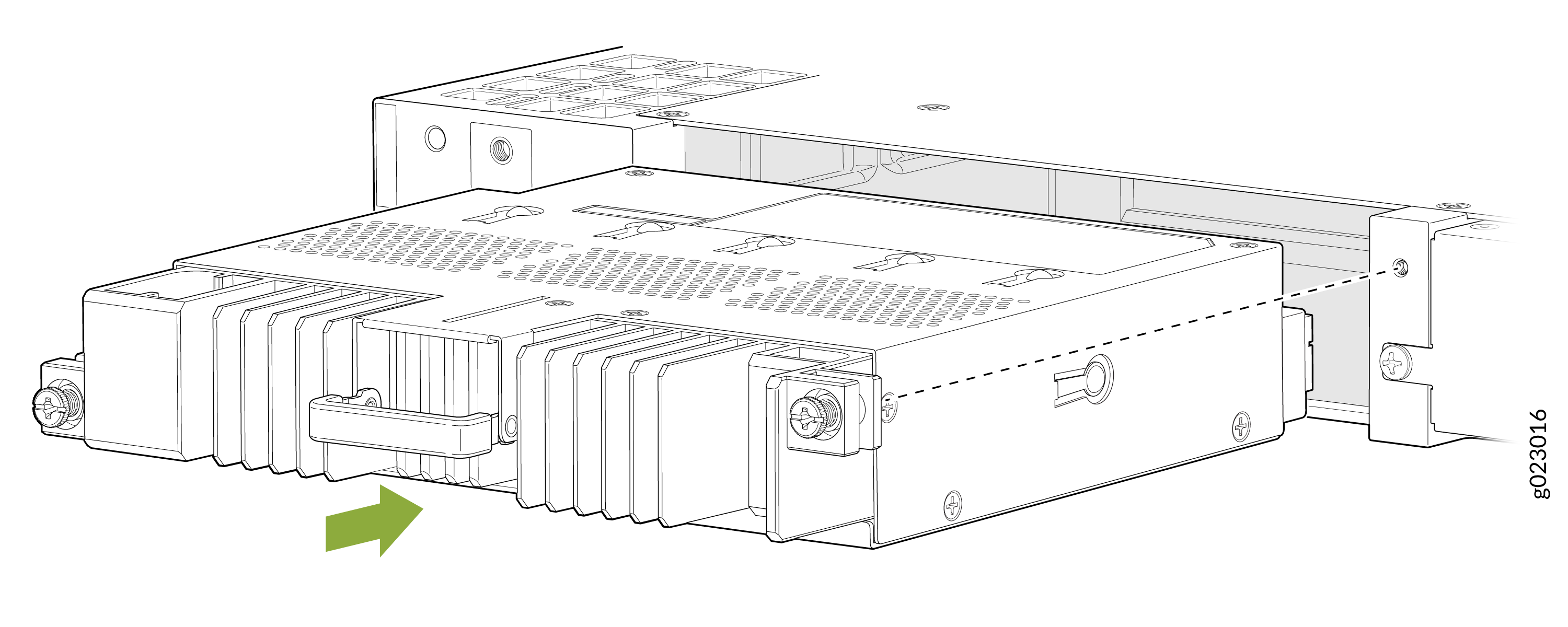 Modular electronic component being inserted or removed from a chassis with green arrow indicating movement direction.